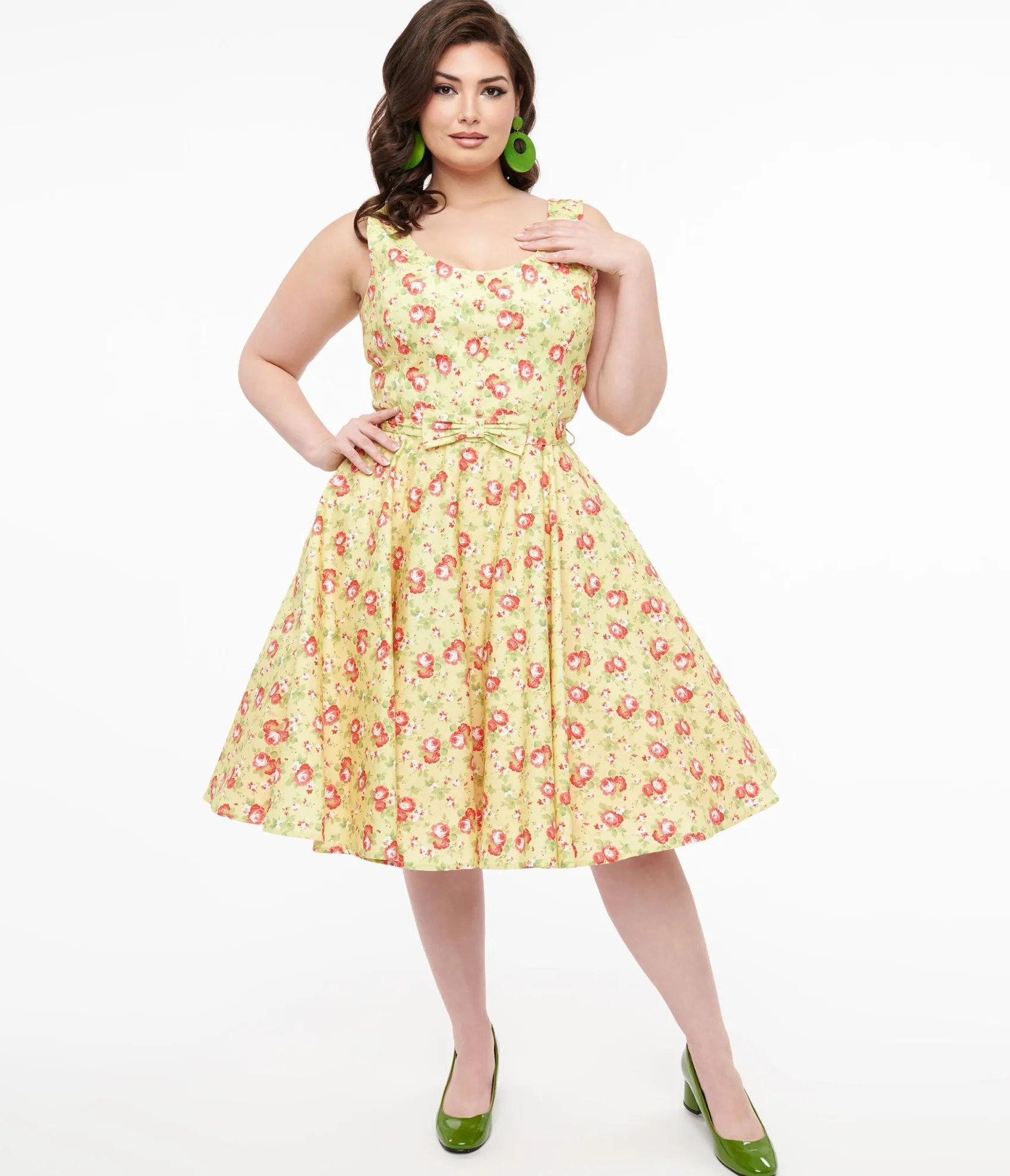 Unique Vintage Plus Size 1950s Pistachio Green & Pink Floral Cotton Selda Swing Dress Discount