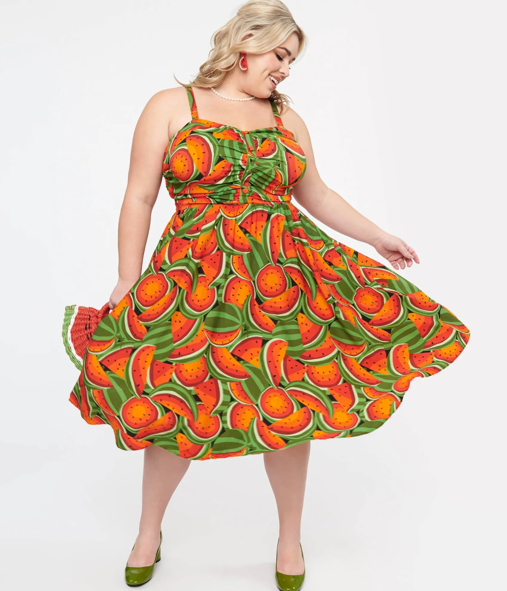 Unique Vintage Plus Size 1950s Red & Green Watermelon Print Eden Fit & Flare Dress New