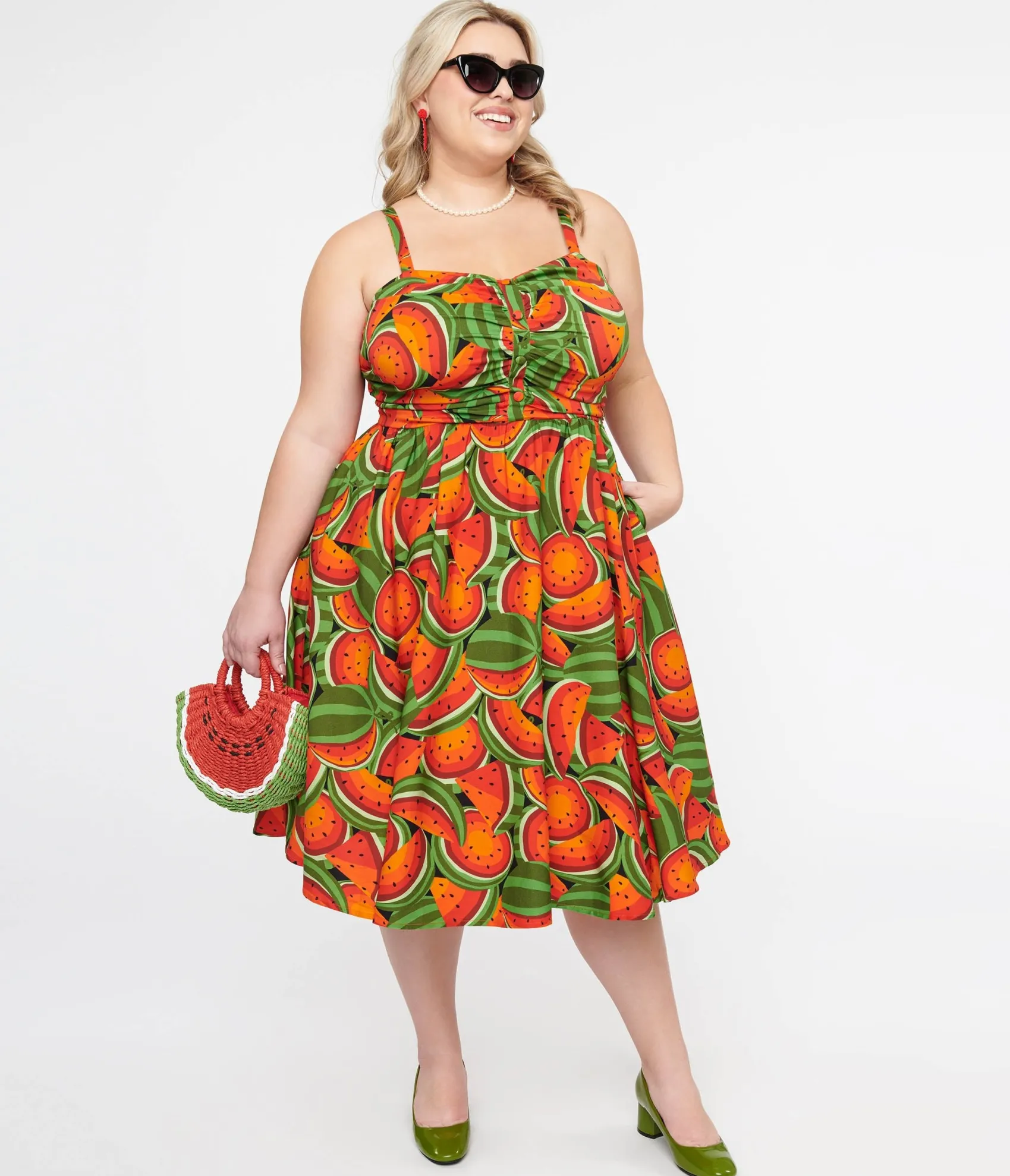 Unique Vintage Plus Size 1950s Red & Green Watermelon Print Eden Fit & Flare Dress New