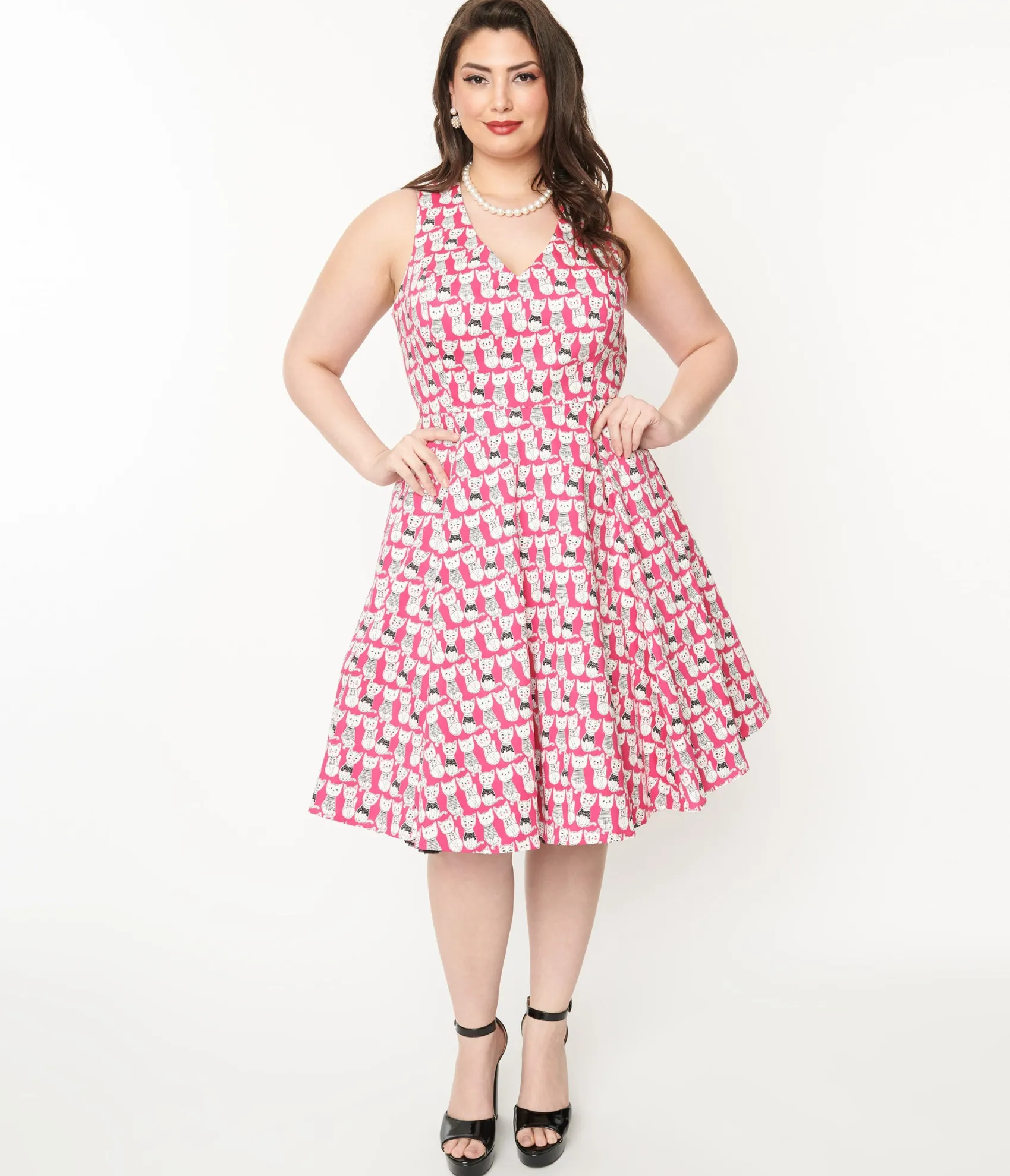 Unique Vintage Plus Size 1950s Style Hot Pink Cat Print Sleeveless Swing Dress Cheap