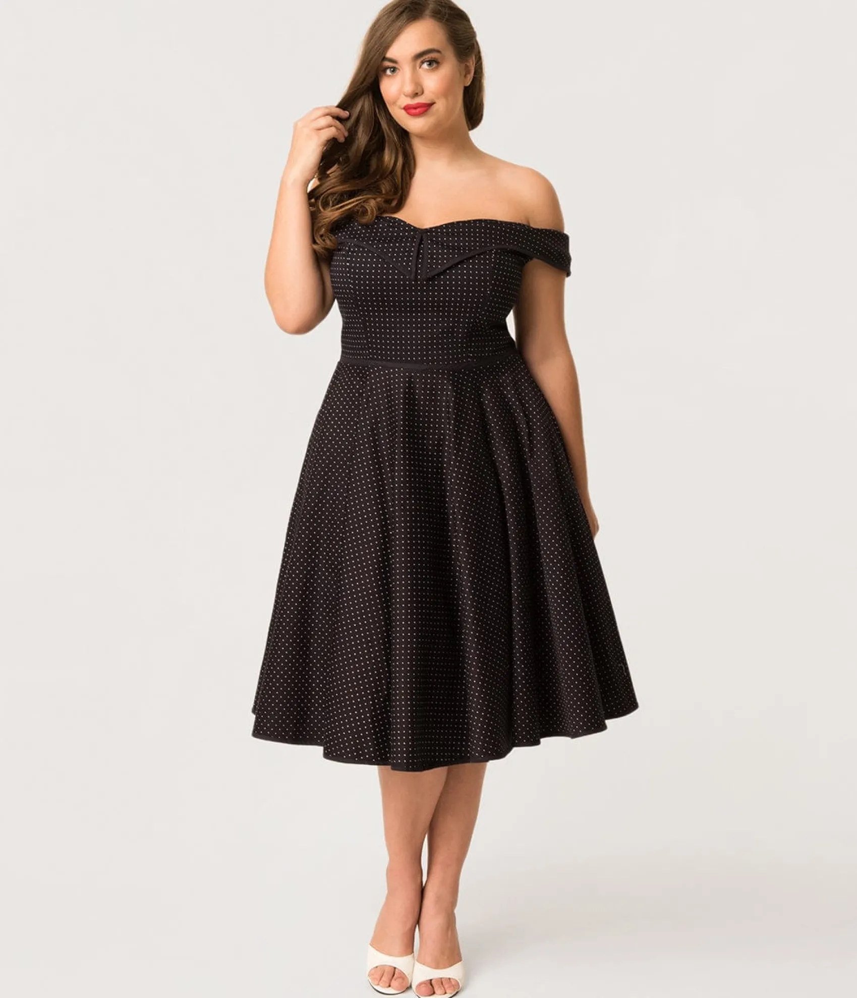 Unique Vintage Plus Size 1950s Style Navy & White Pin Dot Off Shoulder Scarlet Swing Dress Fashion