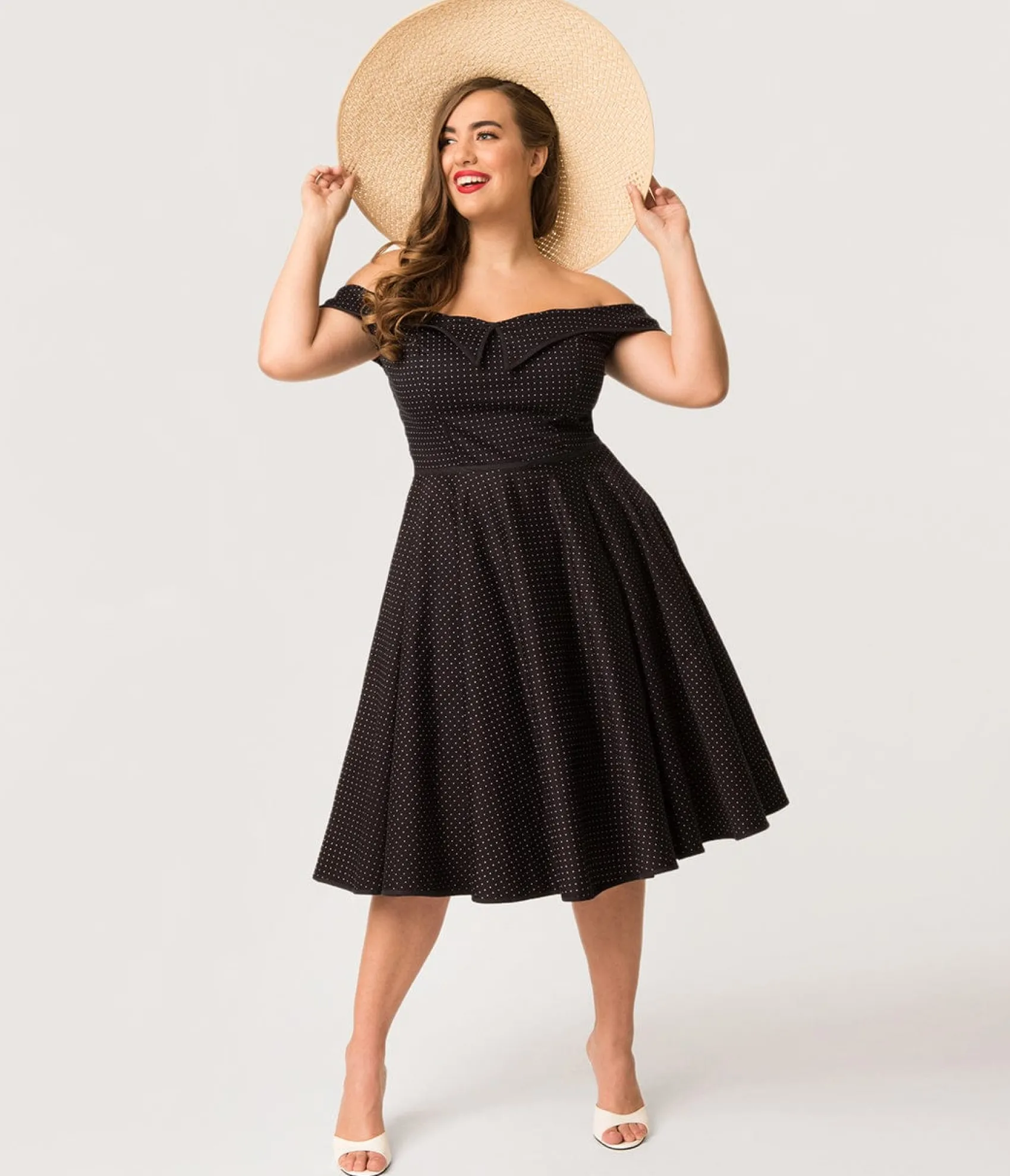 Unique Vintage Plus Size 1950s Style Navy & White Pin Dot Off Shoulder Scarlet Swing Dress Fashion