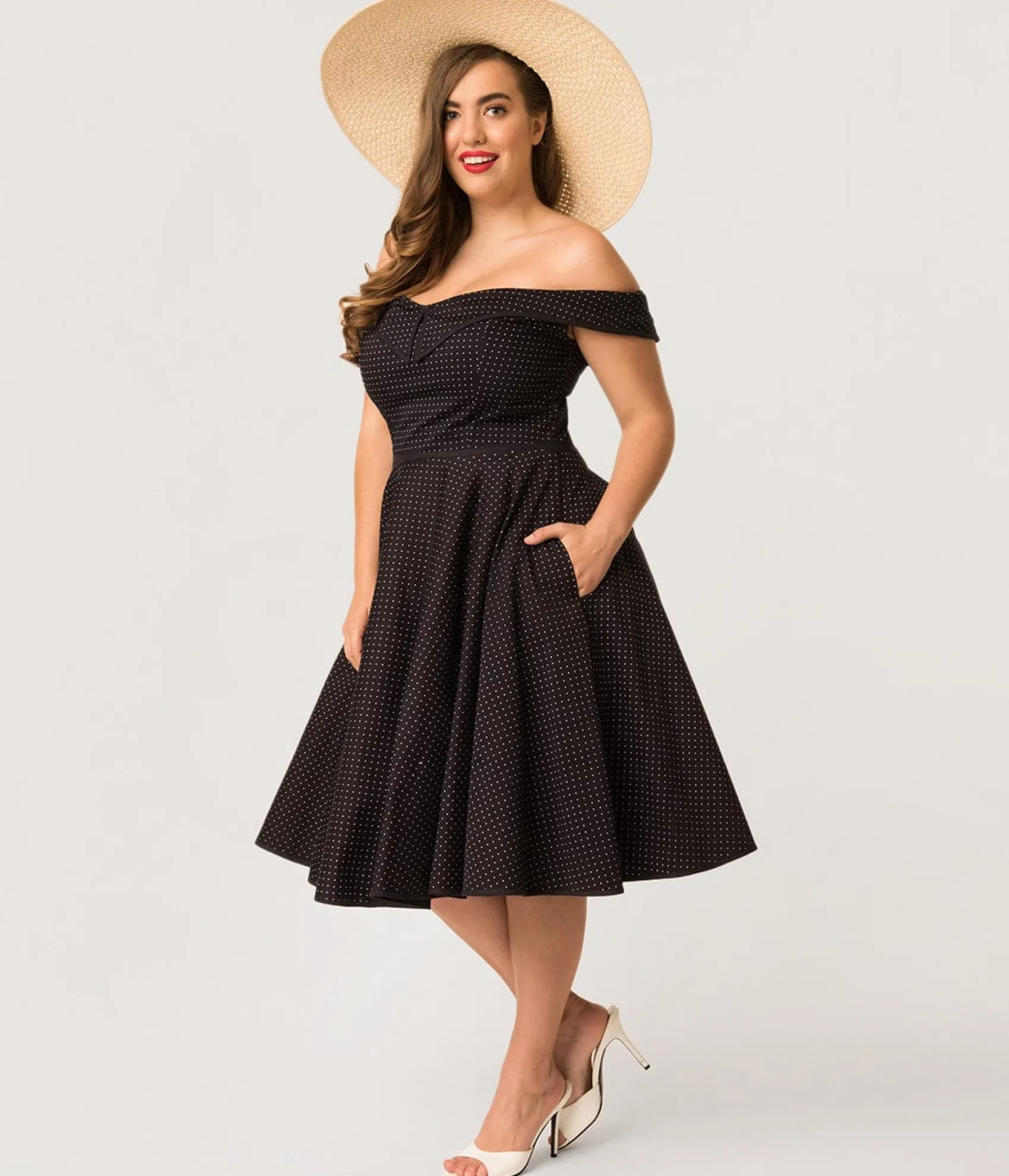 Unique Vintage Plus Size 1950s Style Navy & White Pin Dot Off Shoulder Scarlet Swing Dress Fashion