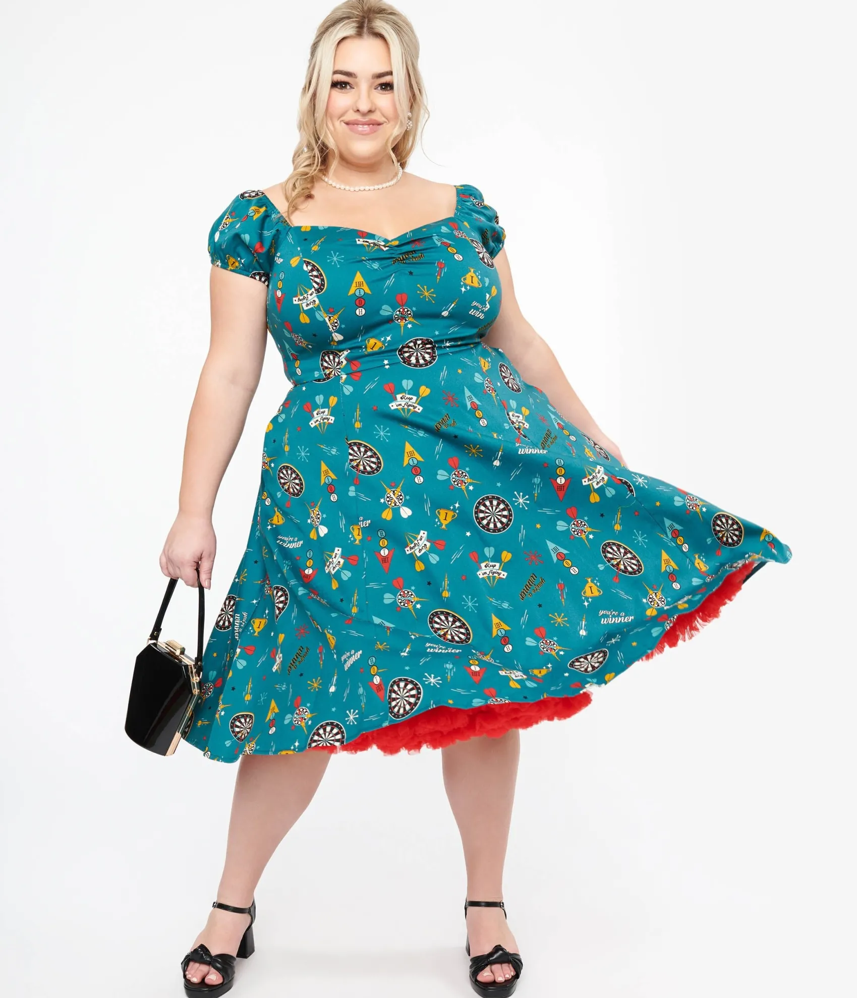 Unique Vintage Plus Size 1950s Teal Dart Board Keep Em Flying Cotton Swing Dress Online