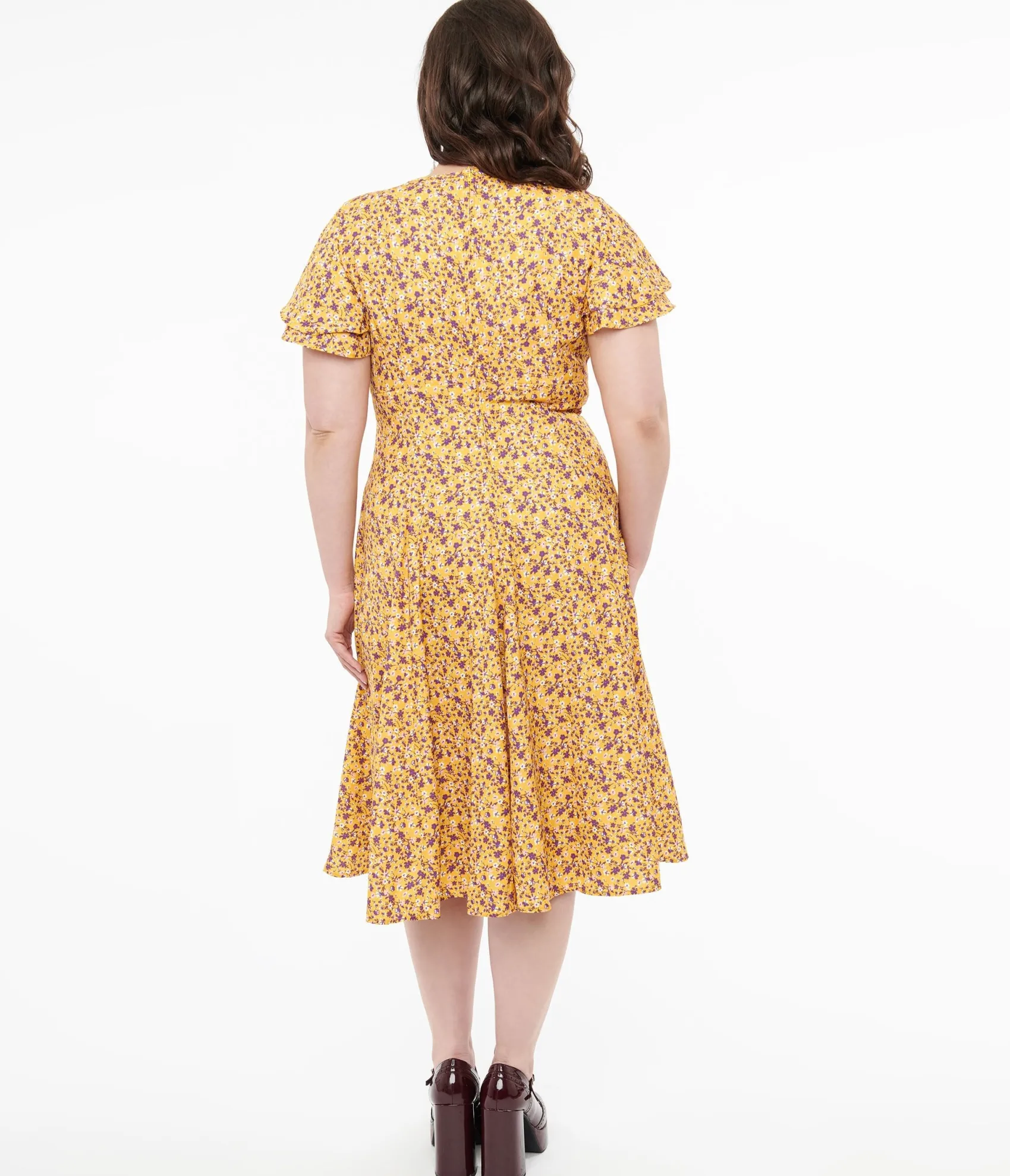 Unique Vintage Plus Size 1950s Yellow & Purple Floral Capelet Swing Dress Sale