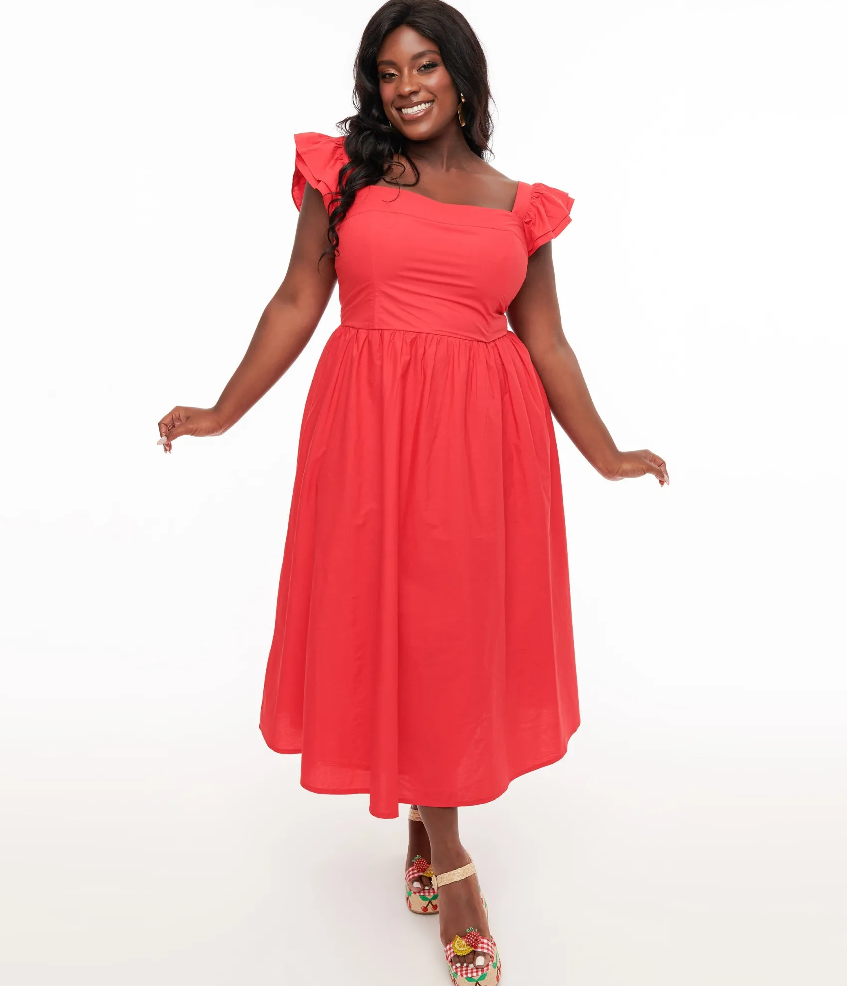 Unique Vintage Plus Size Y2K Red Flutter Sleeve Poplin Midi Dress Discount