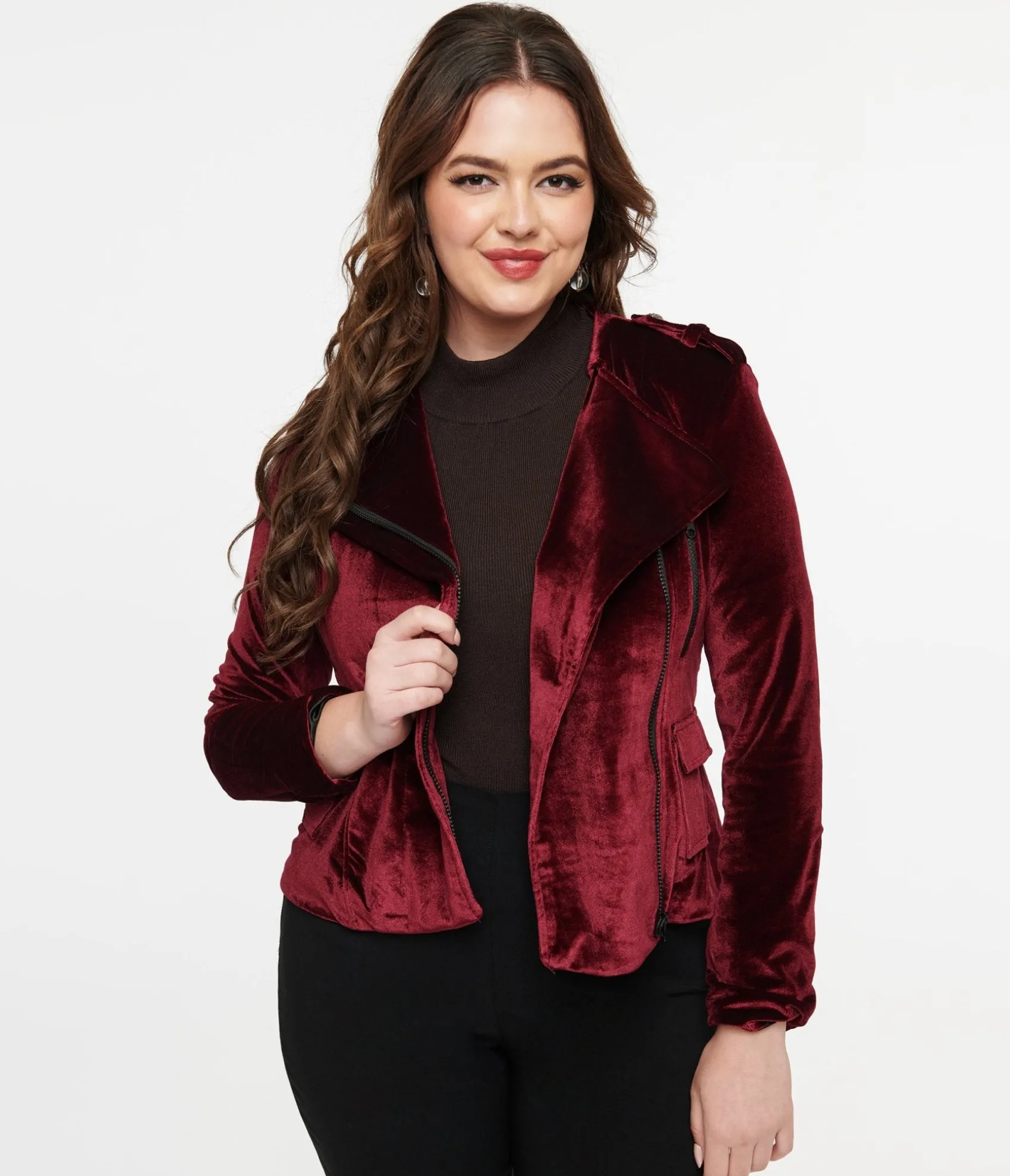 Unique Vintage Pretty Attitude Clothing Burgundy Velvet You Could Be Mine Moto Jacket Best