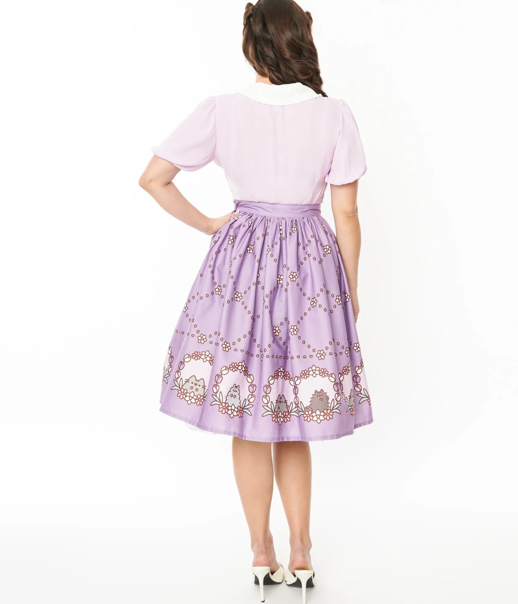 Unique Vintage Pusheen x Lavender Pusheen Floral Frame Print Gellar Swing Skirt Shop
