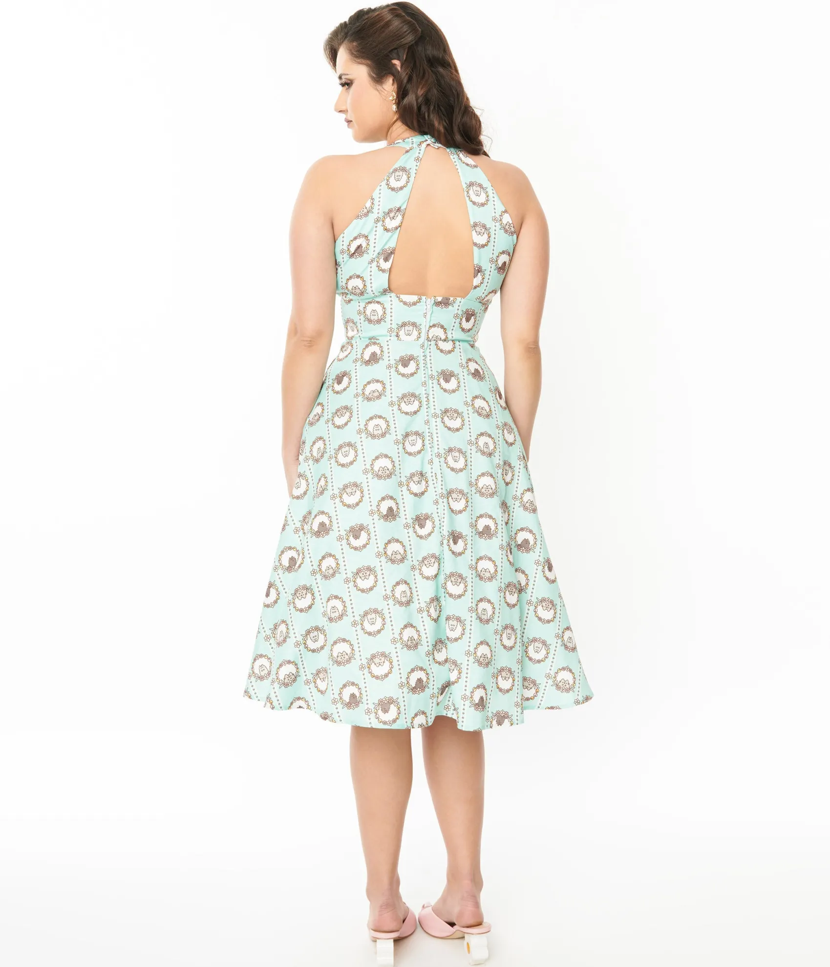 Unique Vintage Pusheen x Teal Pusheen Floral Frame Print Halter Swing Dress Clearance