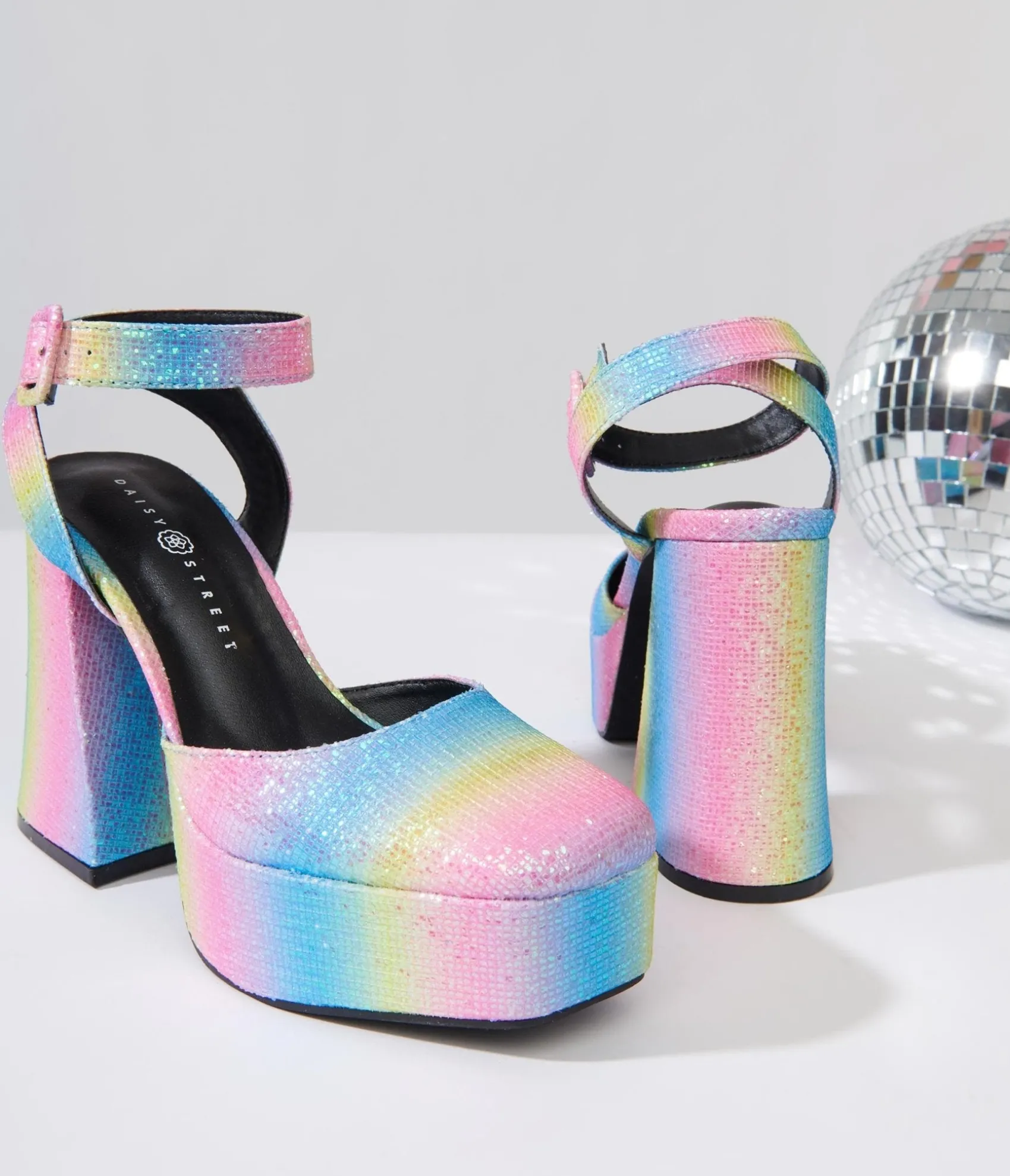 Unique Vintage Rainbow Glitter Chunky Platform Heels Flash Sale