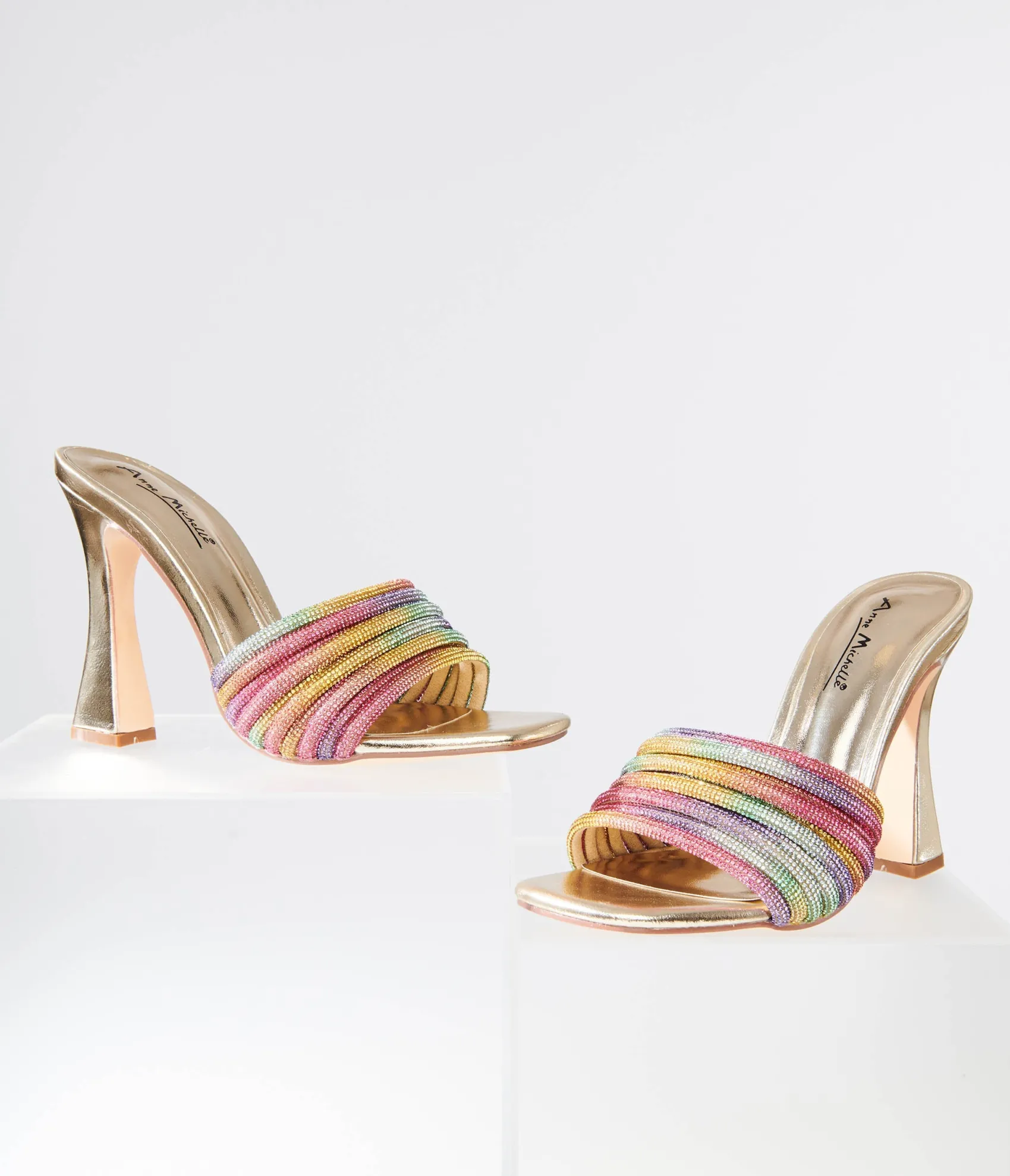 Unique Vintage Rainbow Rhinestone & Metallic Gold Heels Fashion