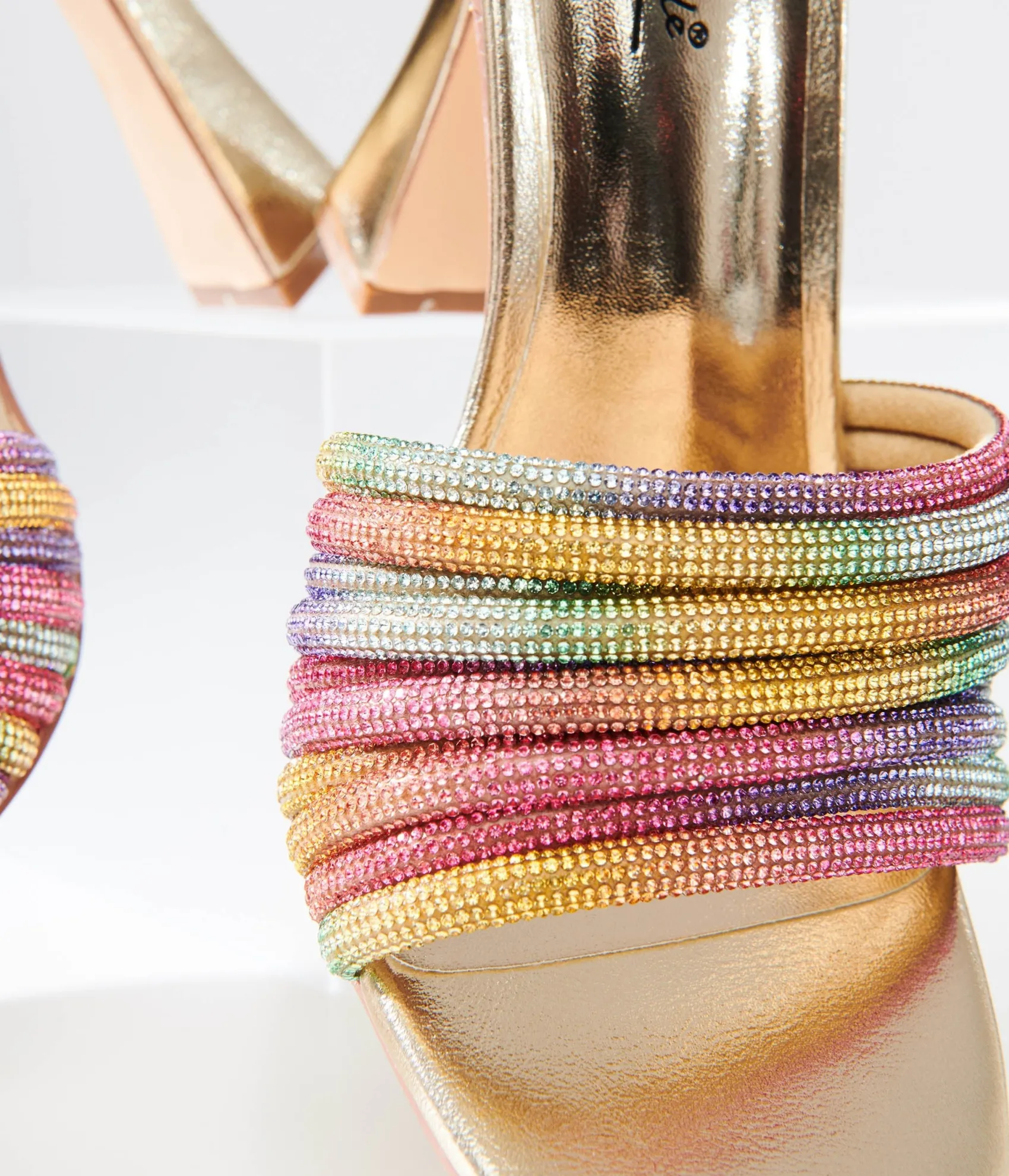 Unique Vintage Rainbow Rhinestone & Metallic Gold Heels Fashion