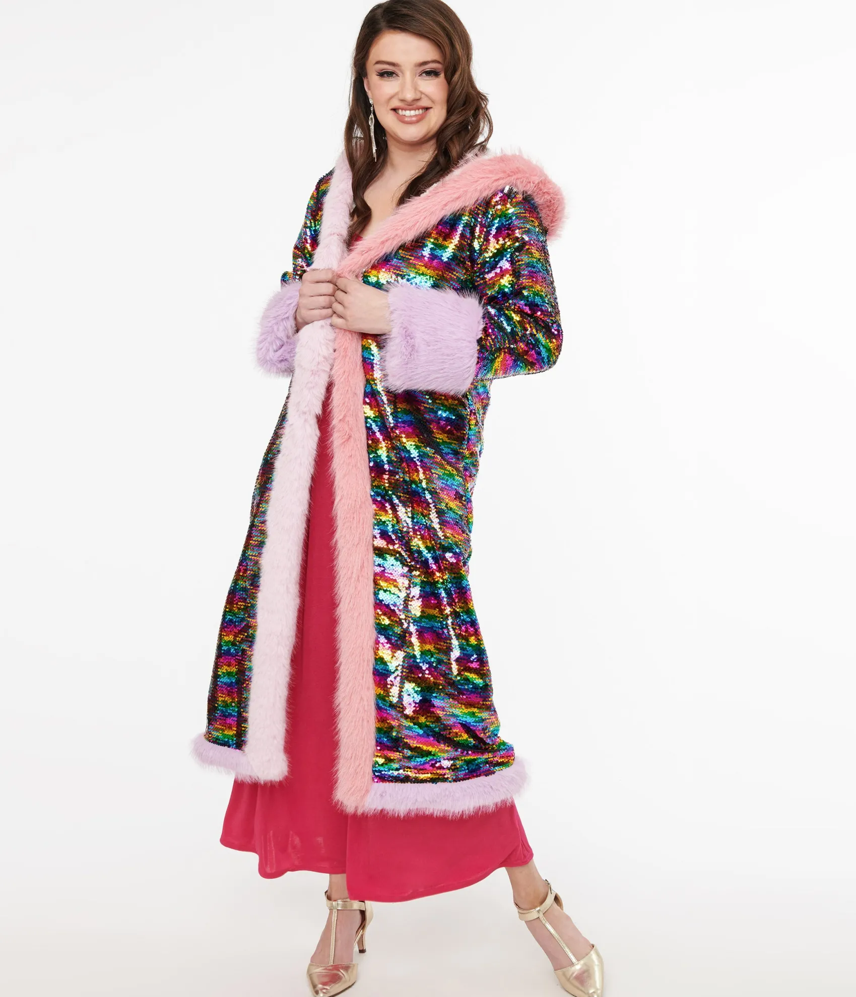 Unique Vintage Rainbow Sequin Long Coat Cheap