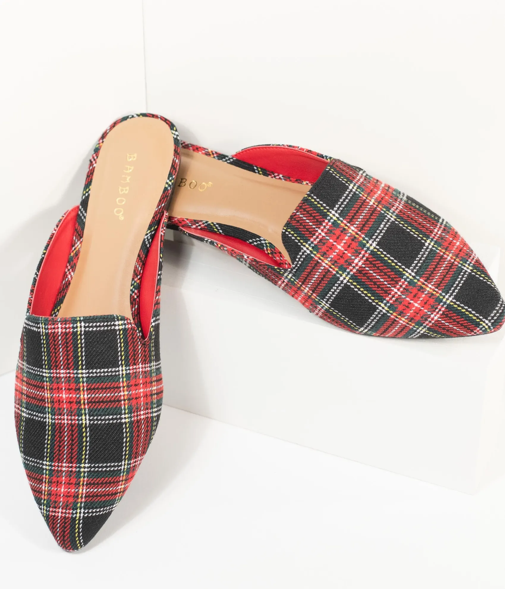Unique Vintage Red & Black Plaid Fabric Mules Sale