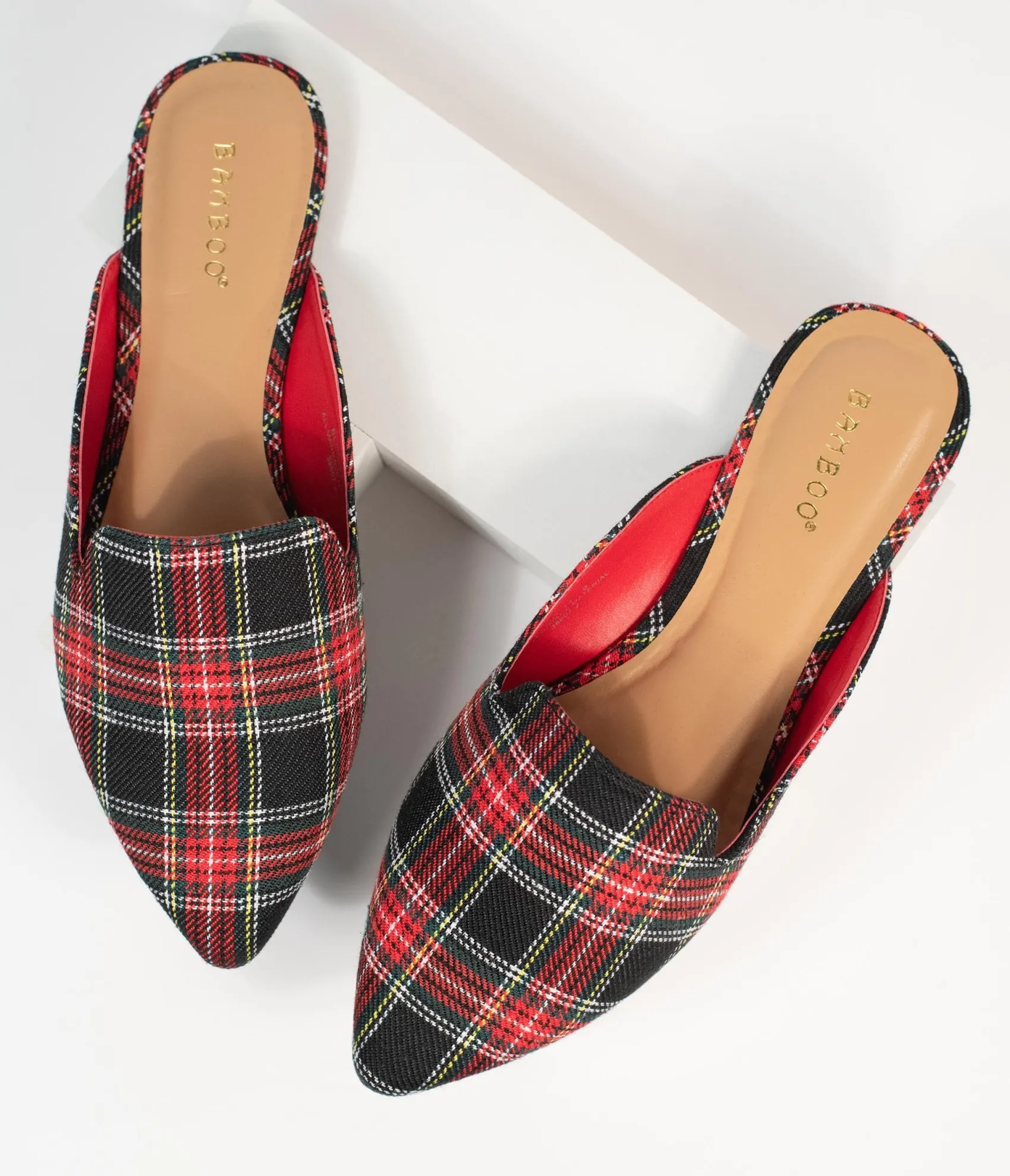 Unique Vintage Red & Black Plaid Fabric Mules Sale