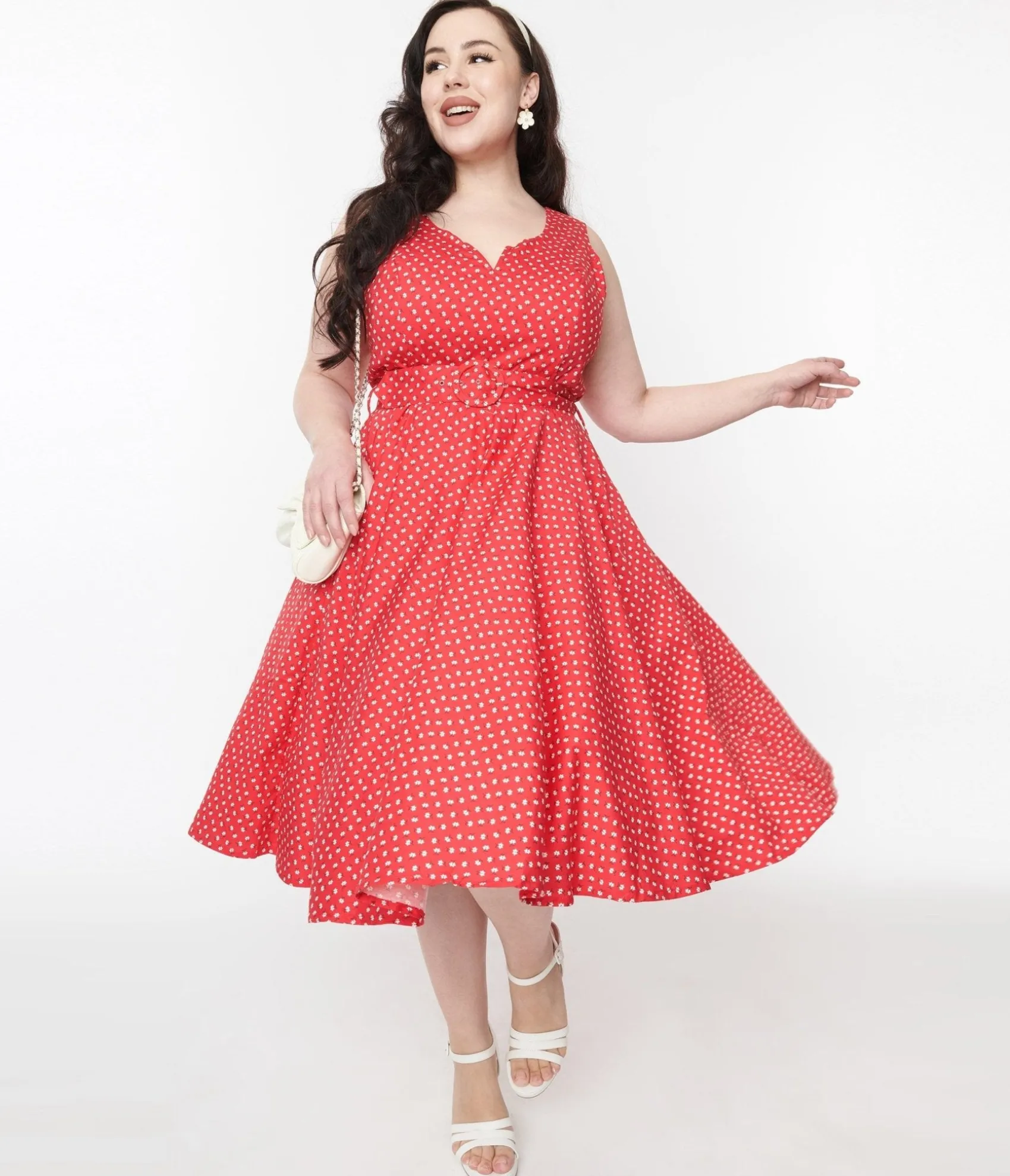 Unique Vintage Red & White Floral Dot Belted Swing Dress Discount
