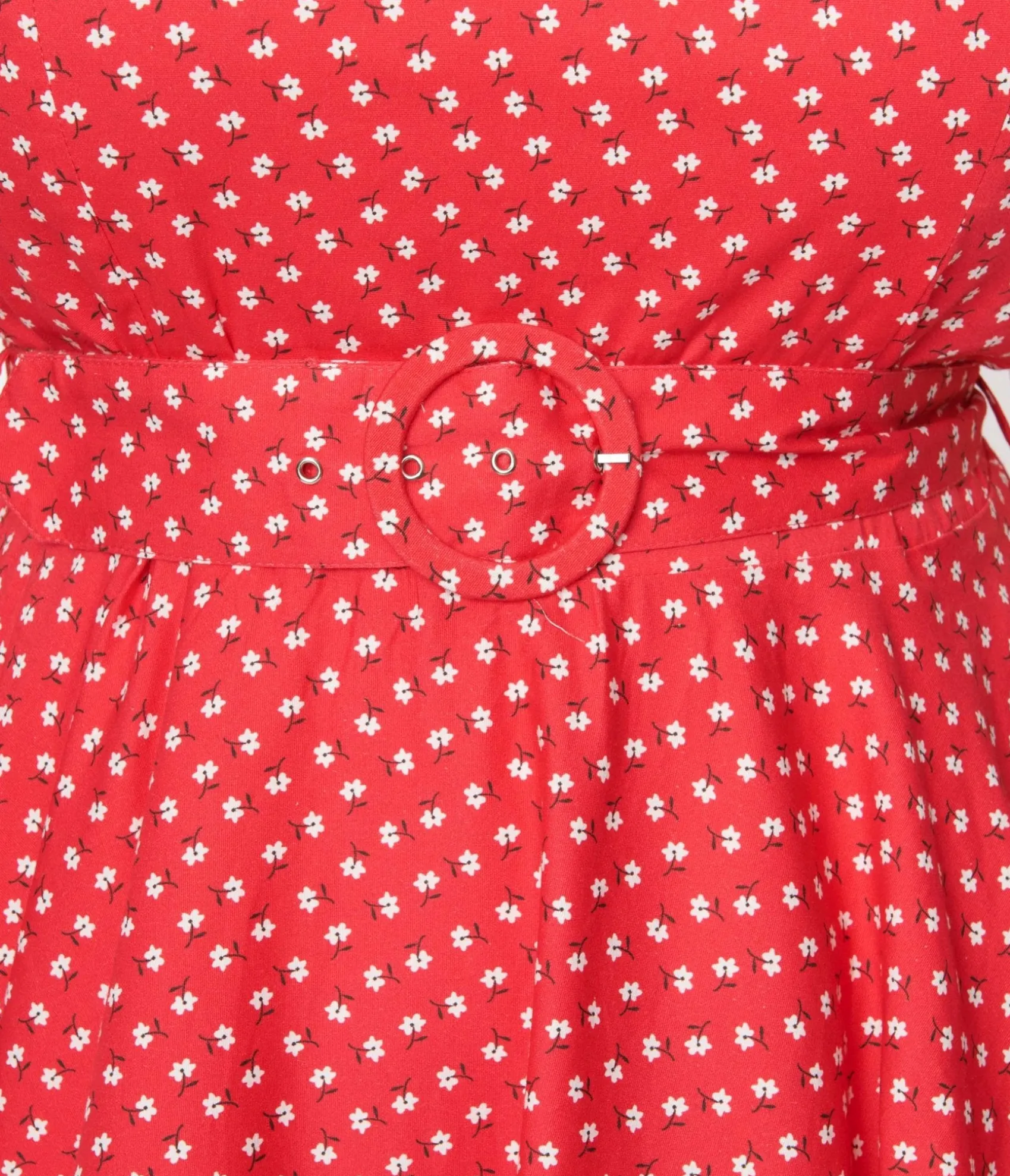 Unique Vintage Red & White Floral Dot Belted Swing Dress Discount