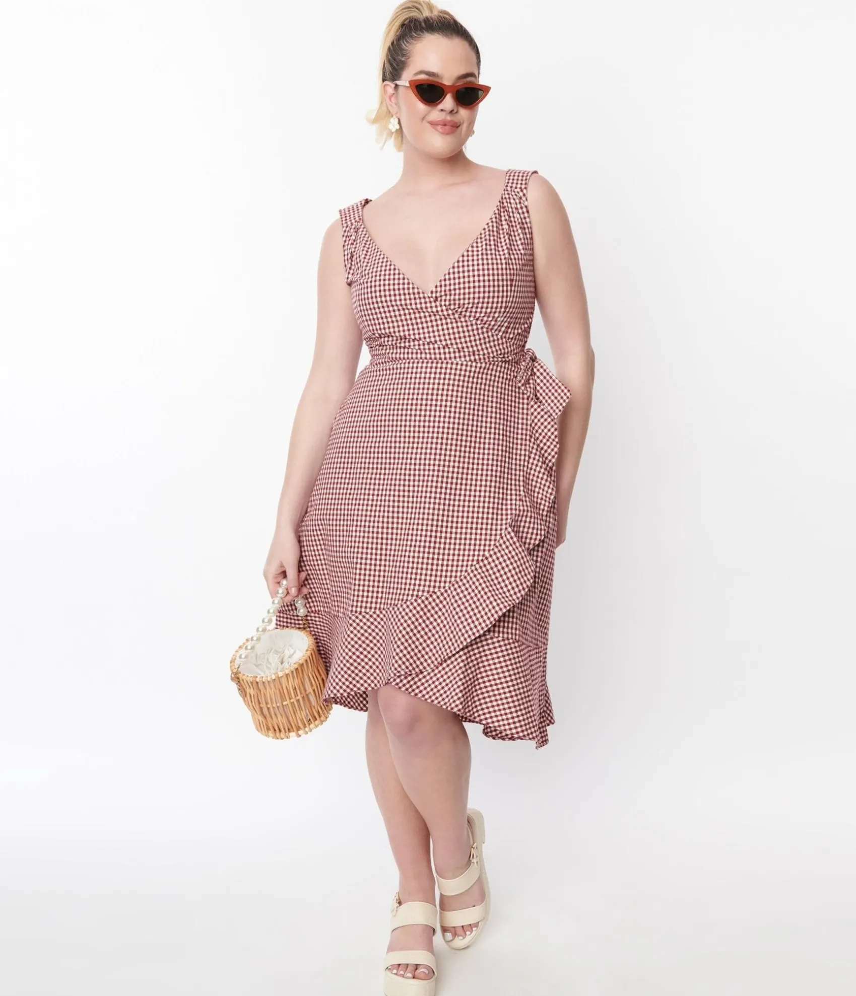 Unique Vintage Red & White Gingham Faux Wrap Dress Online