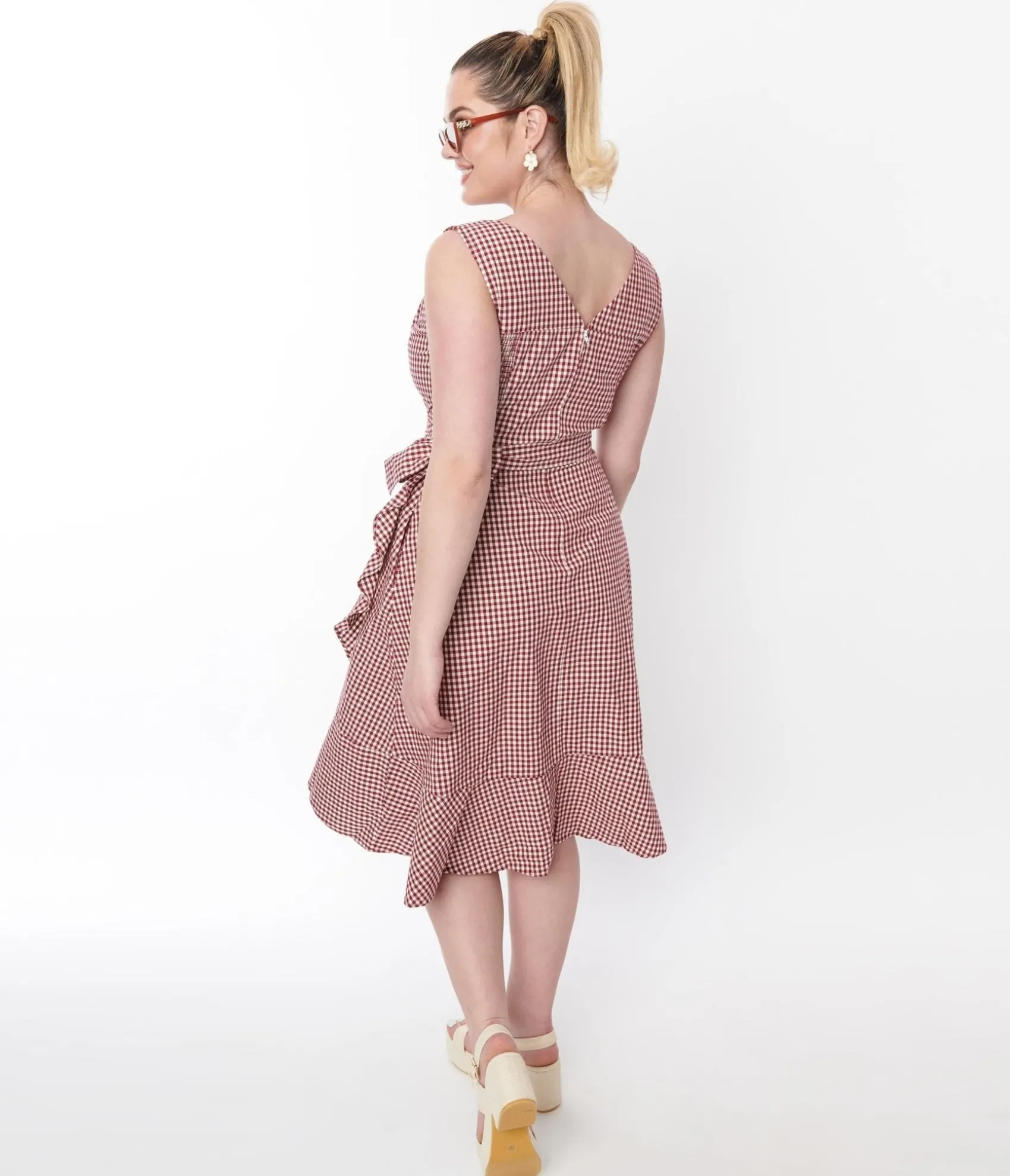 Unique Vintage Red & White Gingham Faux Wrap Dress Online