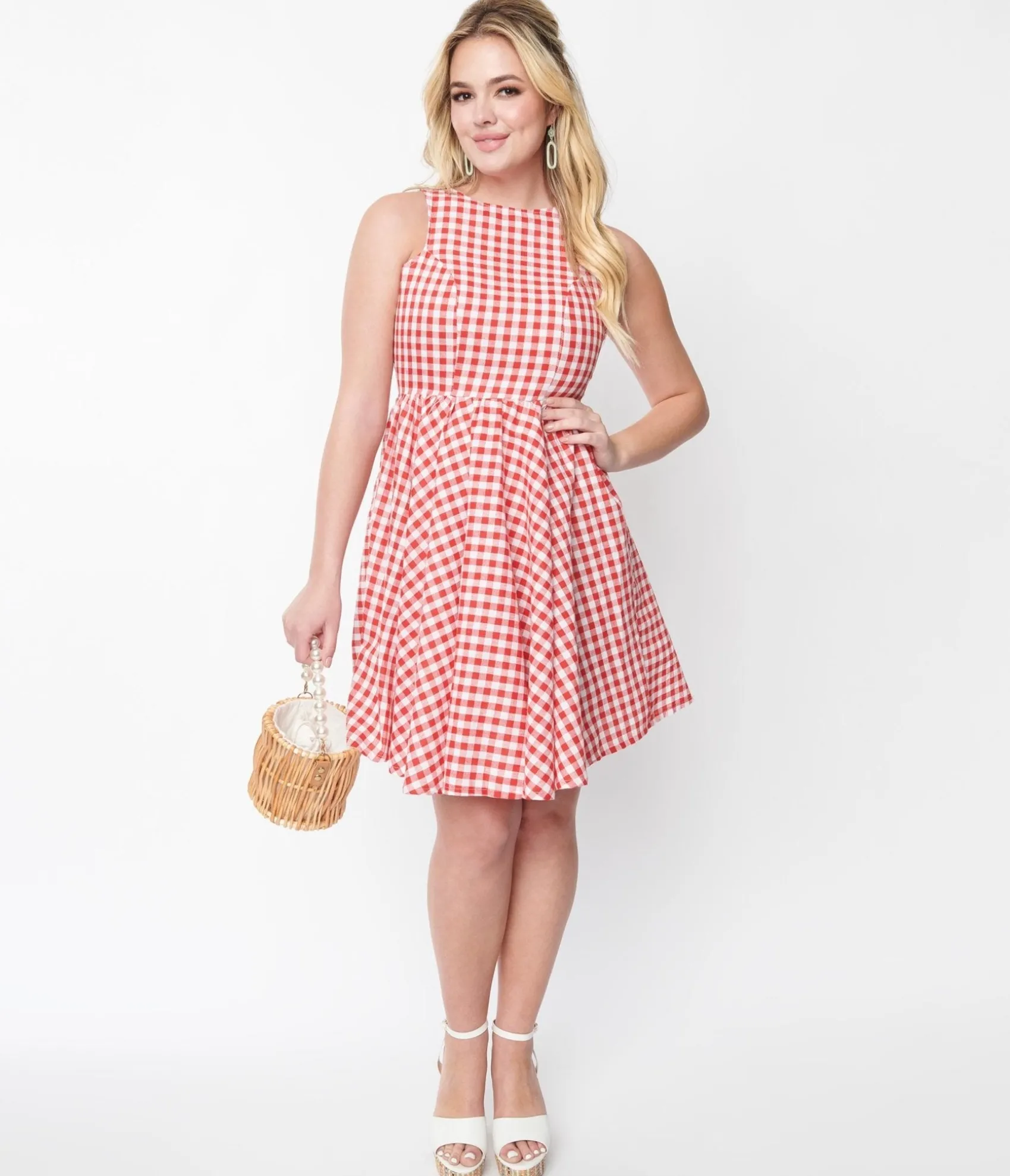 Unique Vintage Red & White Gingham Swing Dress Best Sale