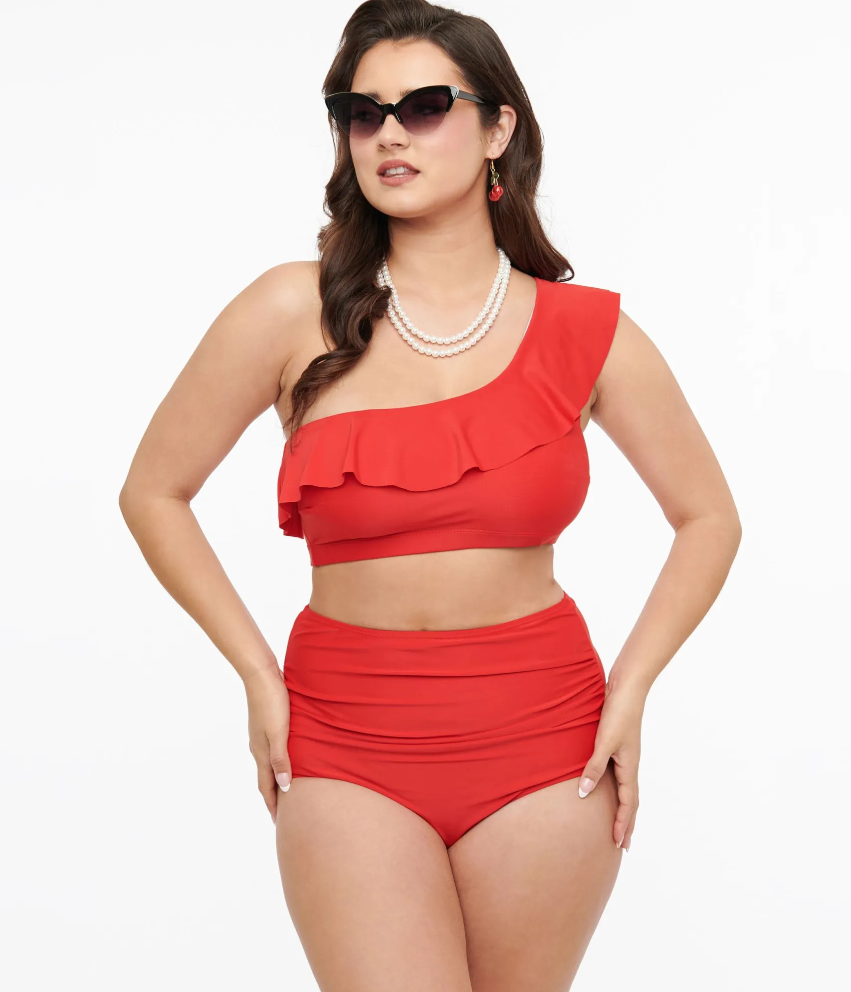 Unique Vintage Red Asymmetric One Shoulder Ruffled Two Piece Swim Set Cheap