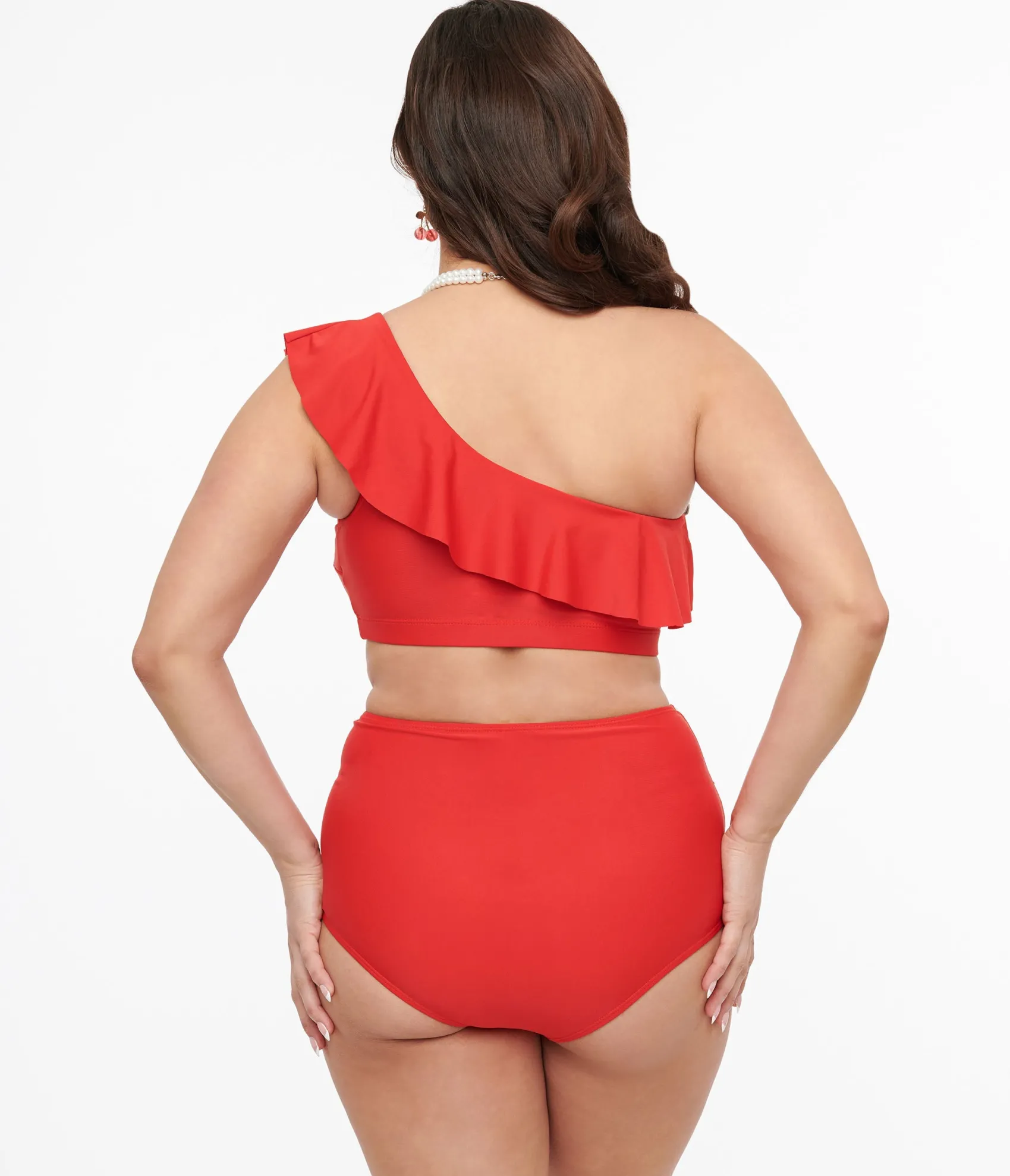 Unique Vintage Red Asymmetric One Shoulder Ruffled Two Piece Swim Set Cheap