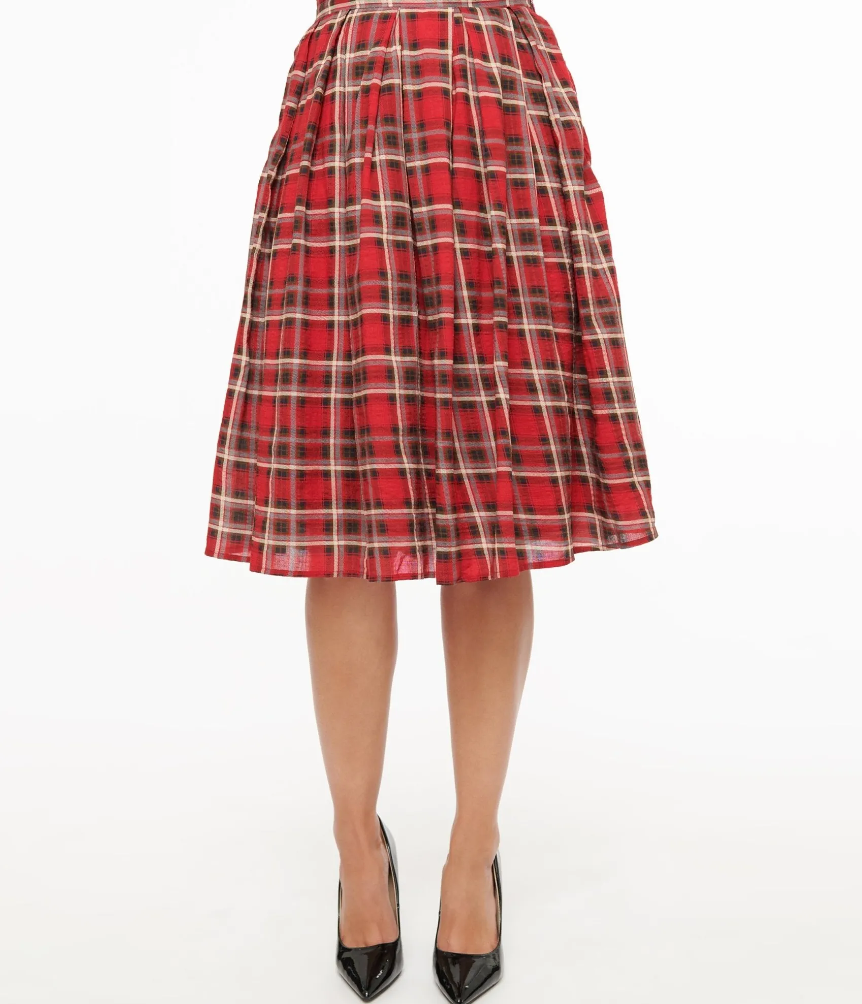 Unique Vintage Red Plaid Fit & Flare Cotton Skirt Flash Sale