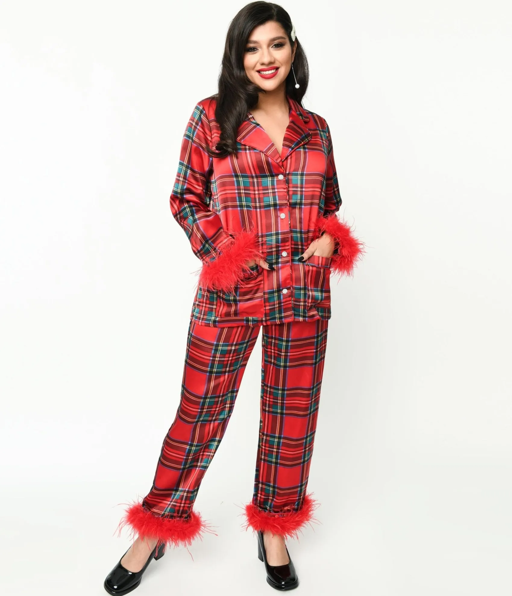 Unique Vintage Red Tartan & Feather Trim Pajama Set Outlet