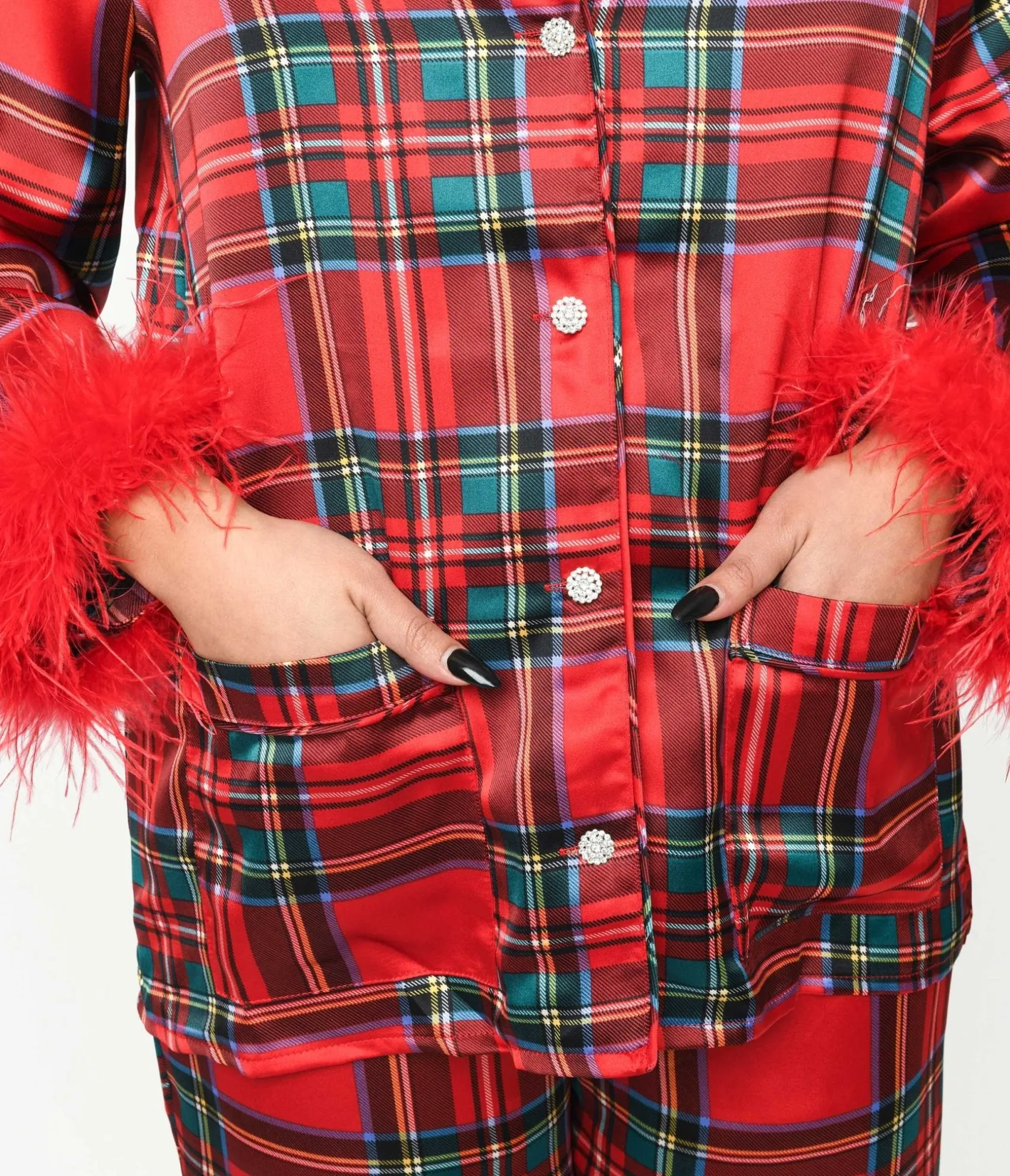 Unique Vintage Red Tartan & Feather Trim Pajama Set Outlet