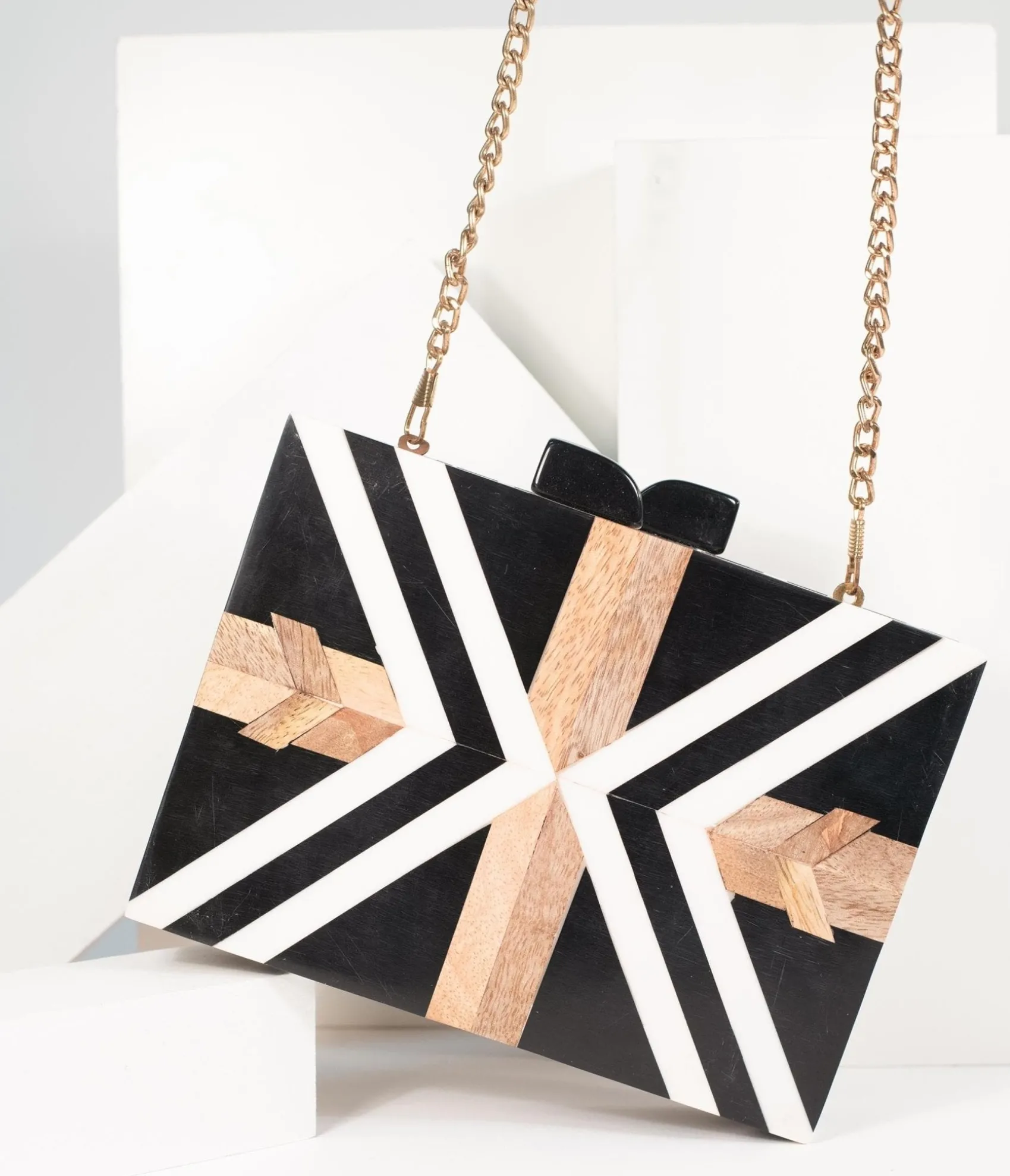 Unique Vintage Retro Style Black & White Chevron Wood & Resin Hard Clutch Cheap