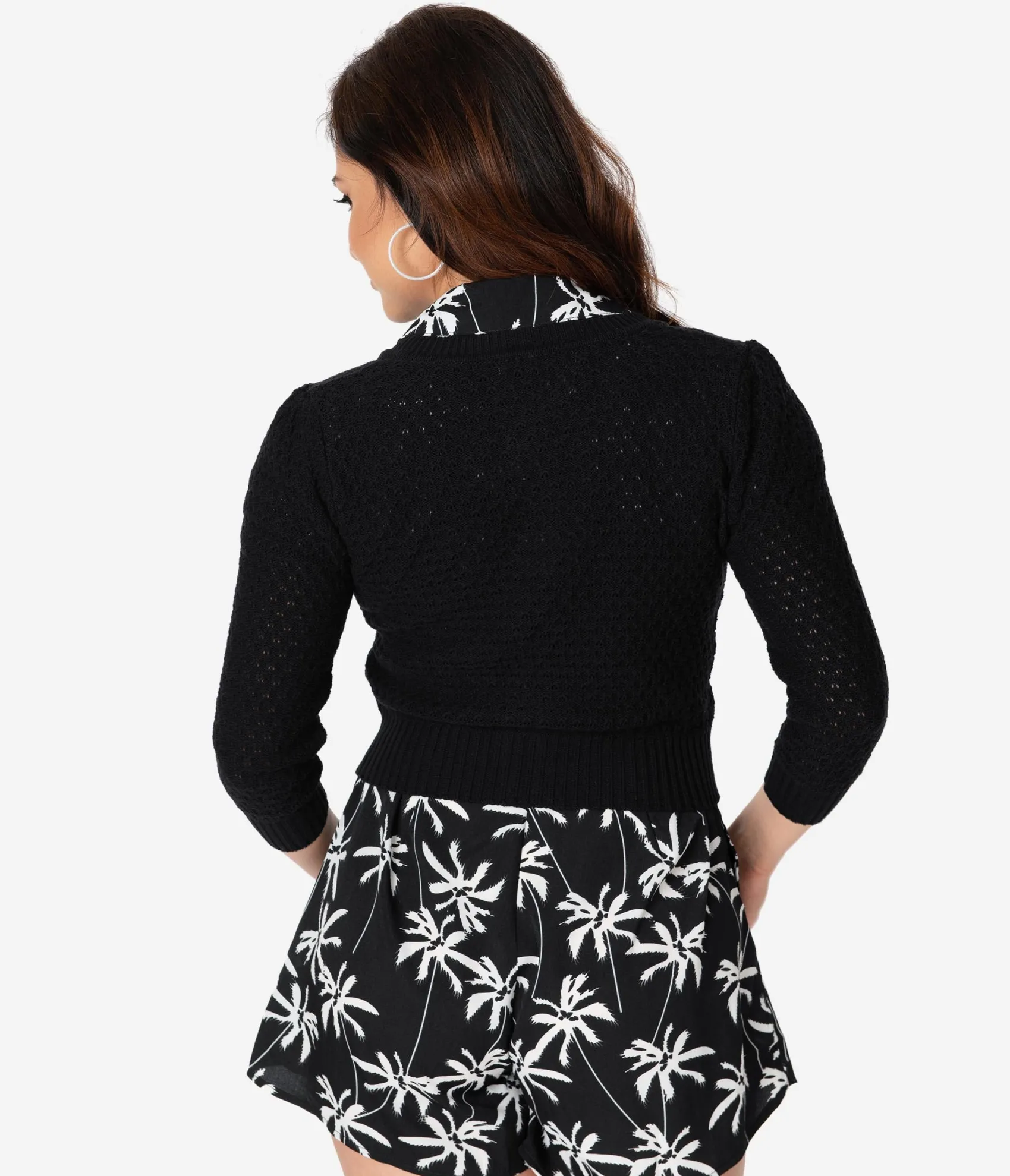 Unique Vintage Retro Style Black Cotton Crochet Sleeved Button Cardigan Clearance