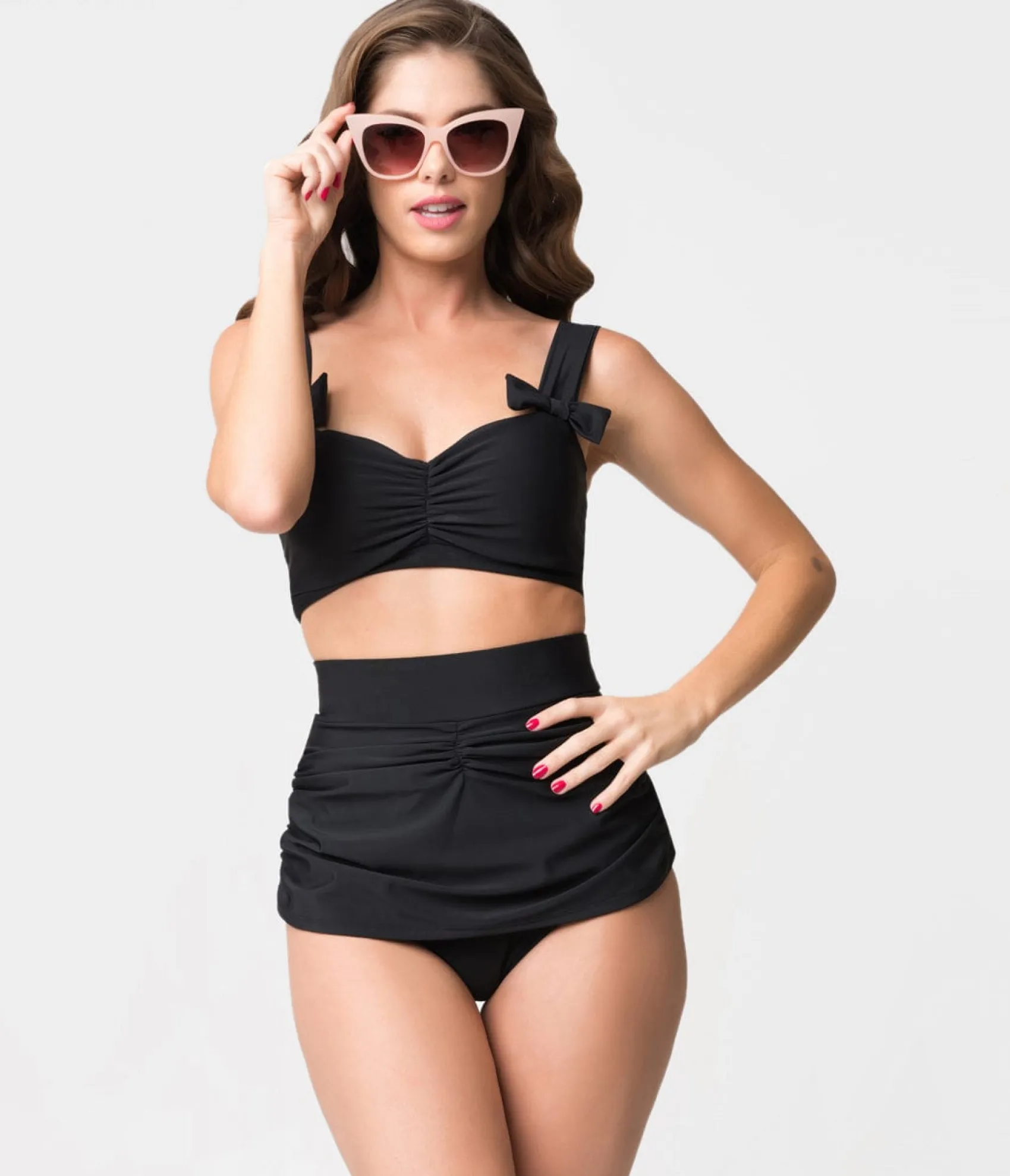 Unique Vintage Retro Style Black Gathered High Waist Skirted Swim Bottoms Flash Sale