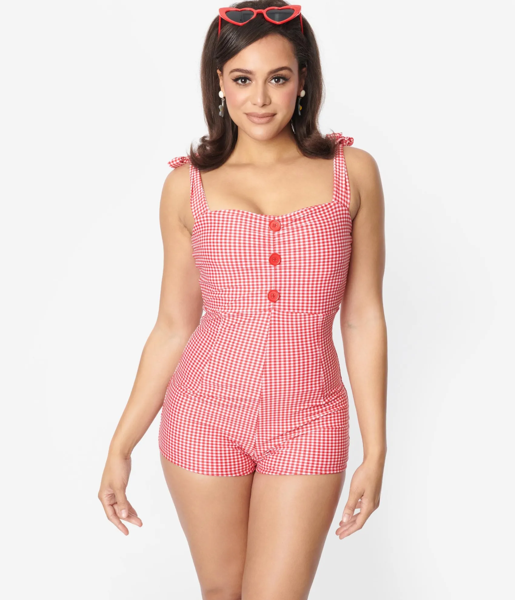 Unique Vintage Retro Style Red & White Gingham One Piece Swimsuit Outlet