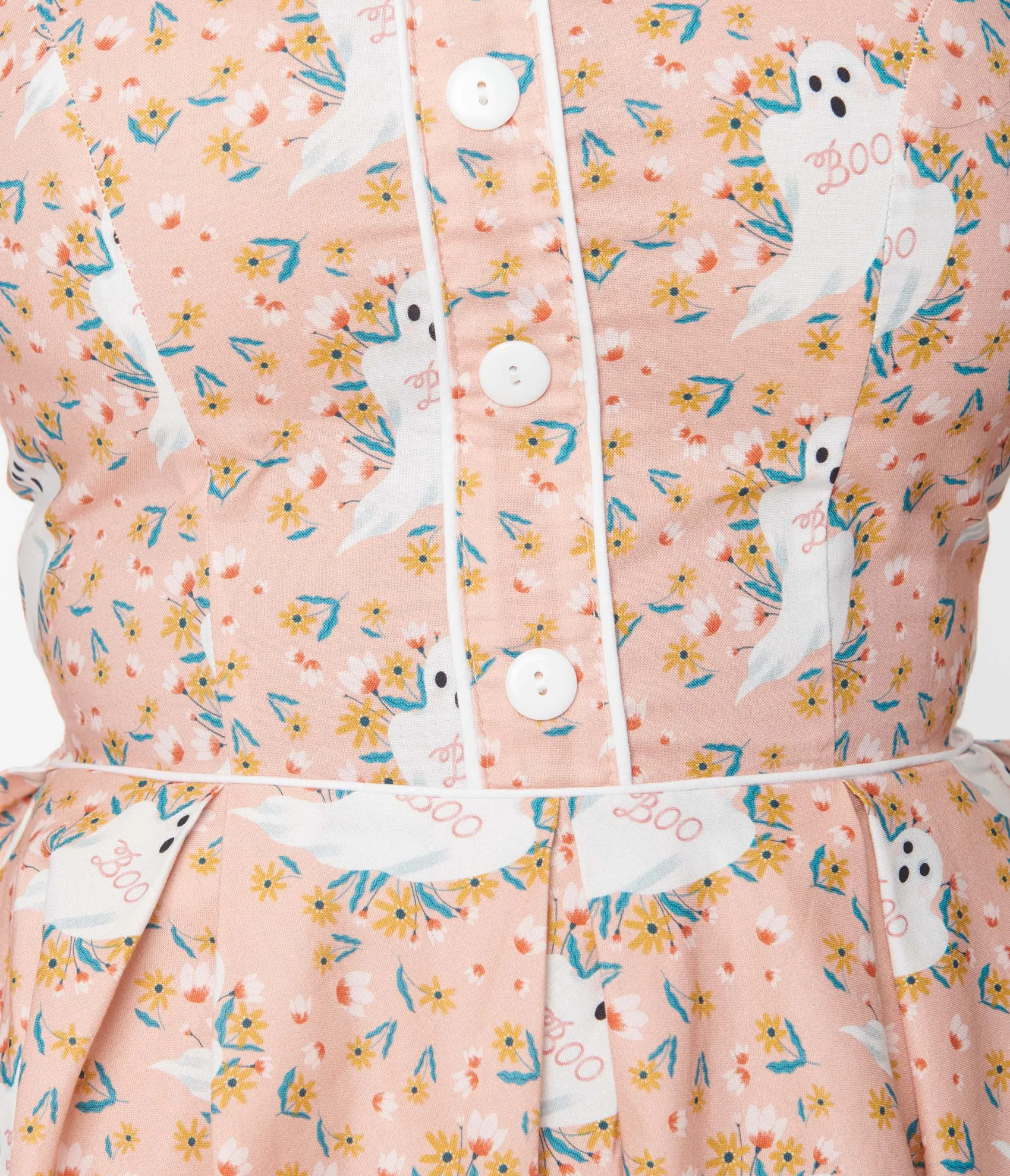 Unique Vintage Retrolicious Pink & Ghost Print Elizabeth Swing Dress Clearance