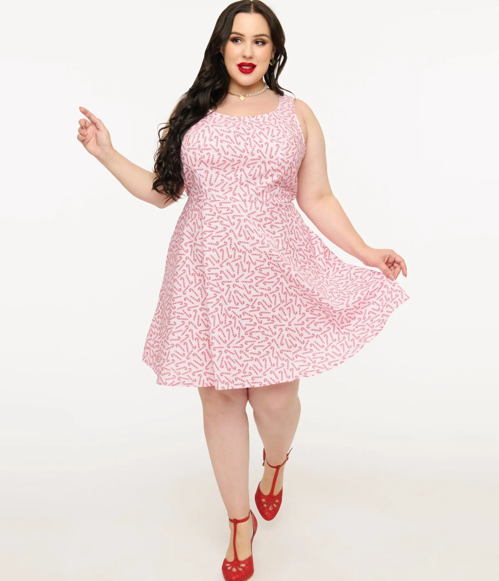 Unique Vintage Retrolicious Plus Size 1950s Candy Cane Print Cotton Skater Dress Hot