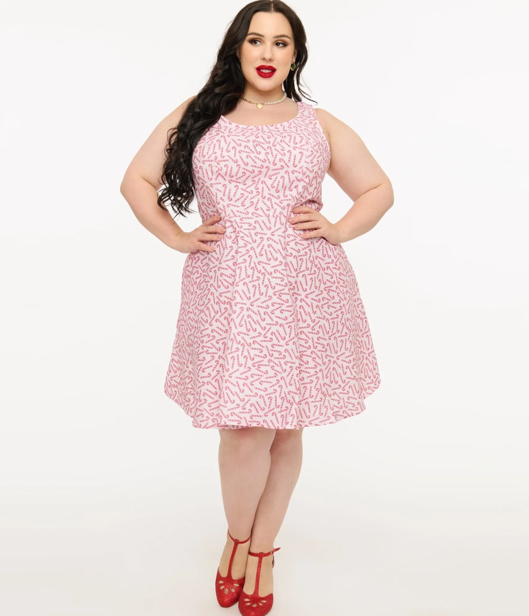 Unique Vintage Retrolicious Plus Size 1950s Candy Cane Print Cotton Skater Dress Hot