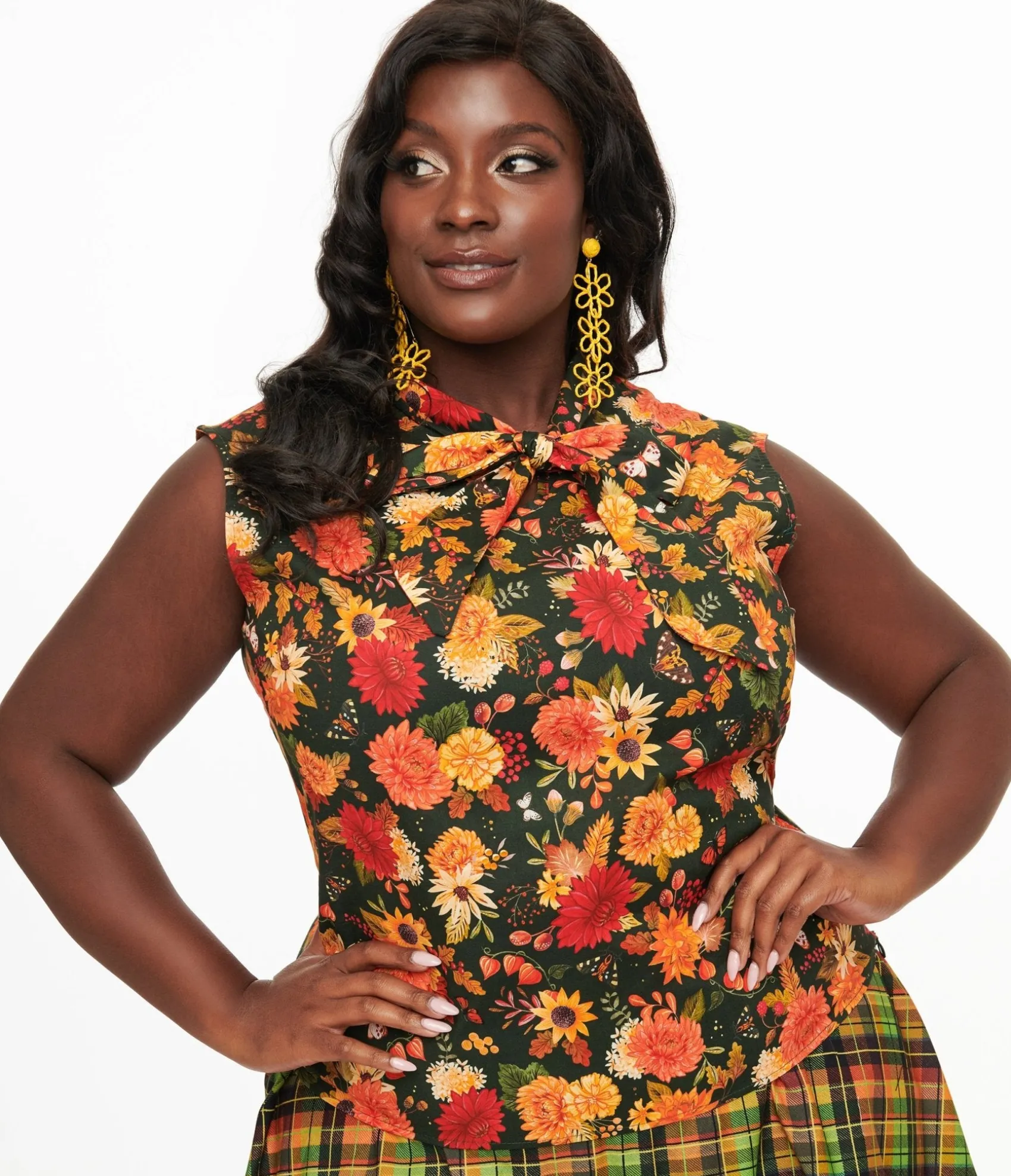 Unique Vintage Retrolicious Plus Size 1950s Dark Green Autumn Floral Cotton Bow Top Best