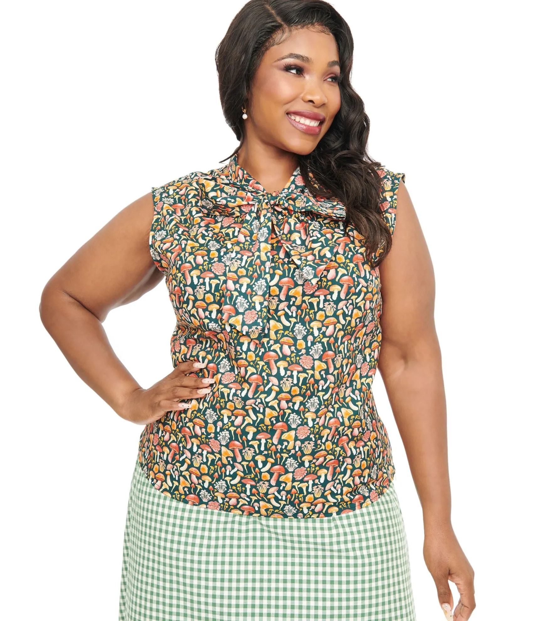 Unique Vintage Retrolicious Plus Size 1950s Forest Green Mushroom Print Cotton Bow Top Store