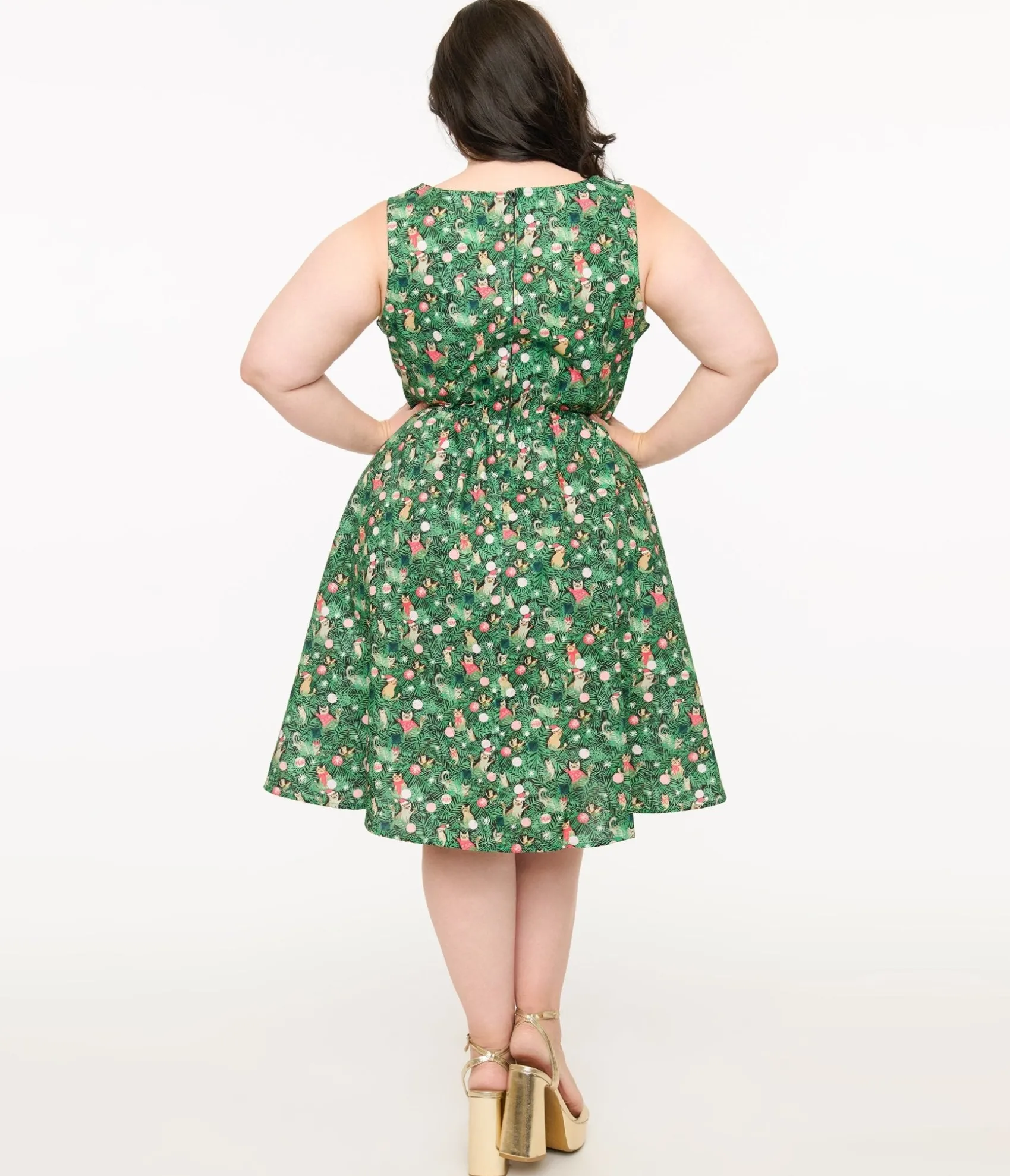 Unique Vintage Retrolicious Plus Size 1950s Green Holiday Cat Print Cotton Swing Dress New