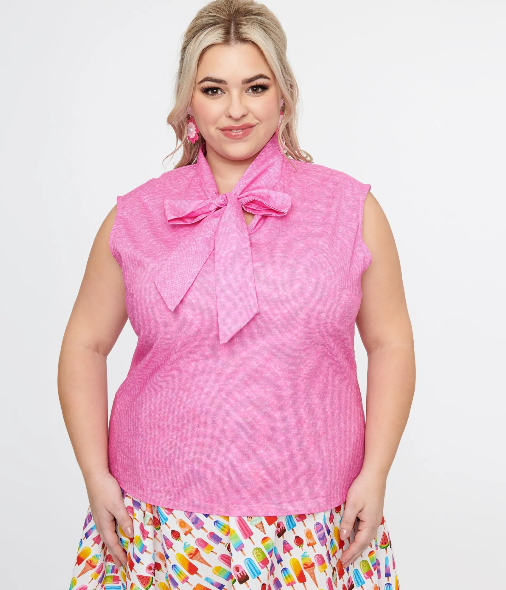 Unique Vintage Retrolicious Plus Size 1950s Hot Pink Cotton Bow Top Sale