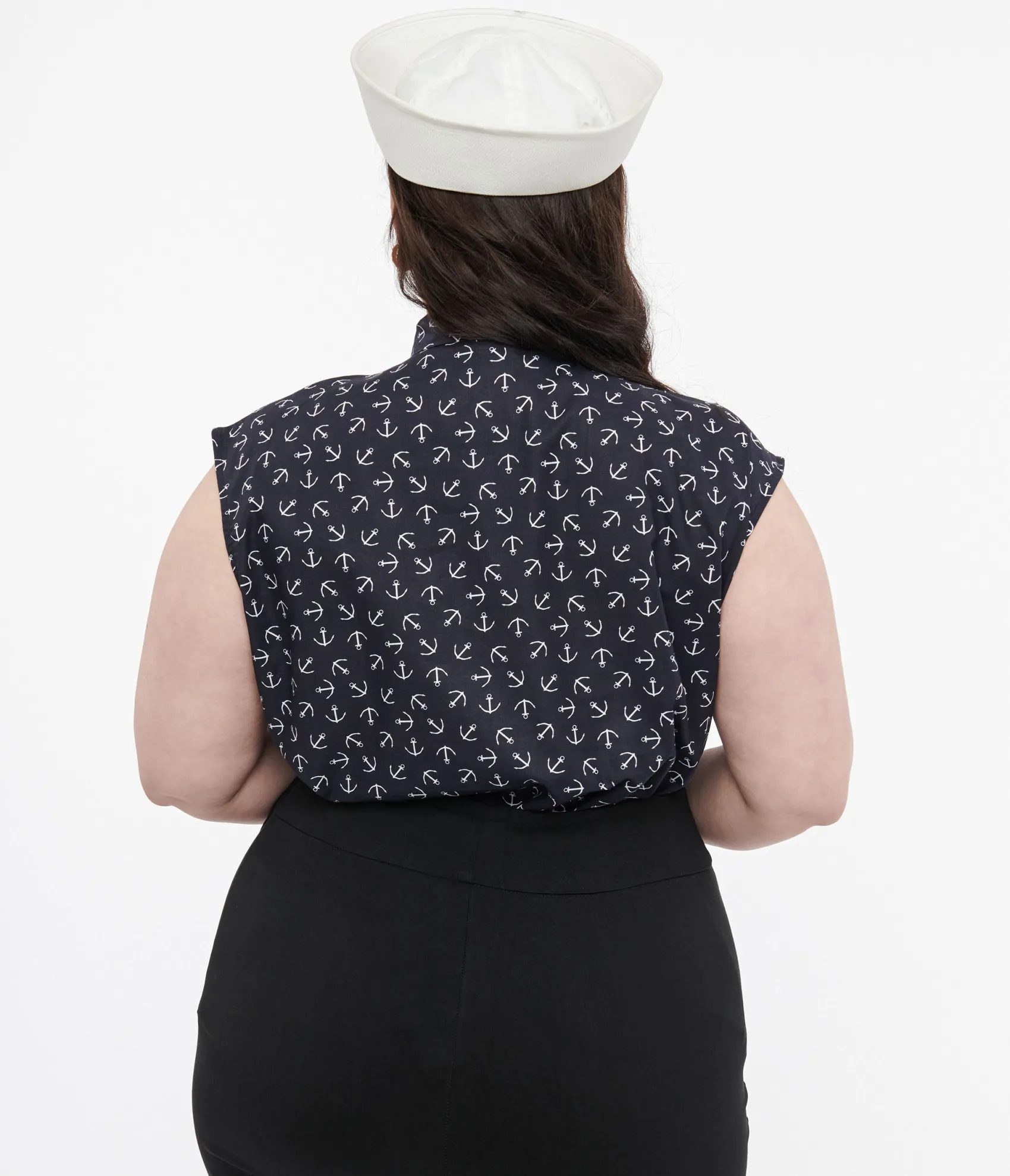 Unique Vintage Retrolicious Plus Size 1950s Navy Anchor Print Cotton Bow Blouse New