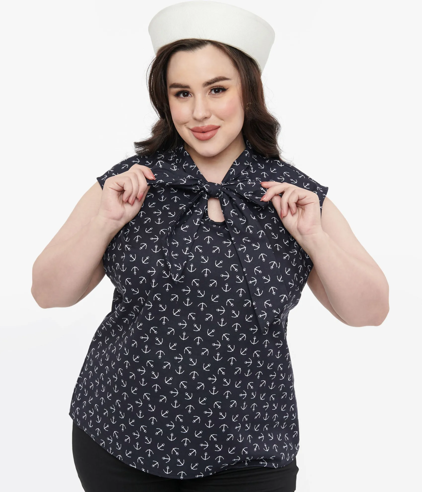 Unique Vintage Retrolicious Plus Size 1950s Navy Anchor Print Cotton Bow Blouse New