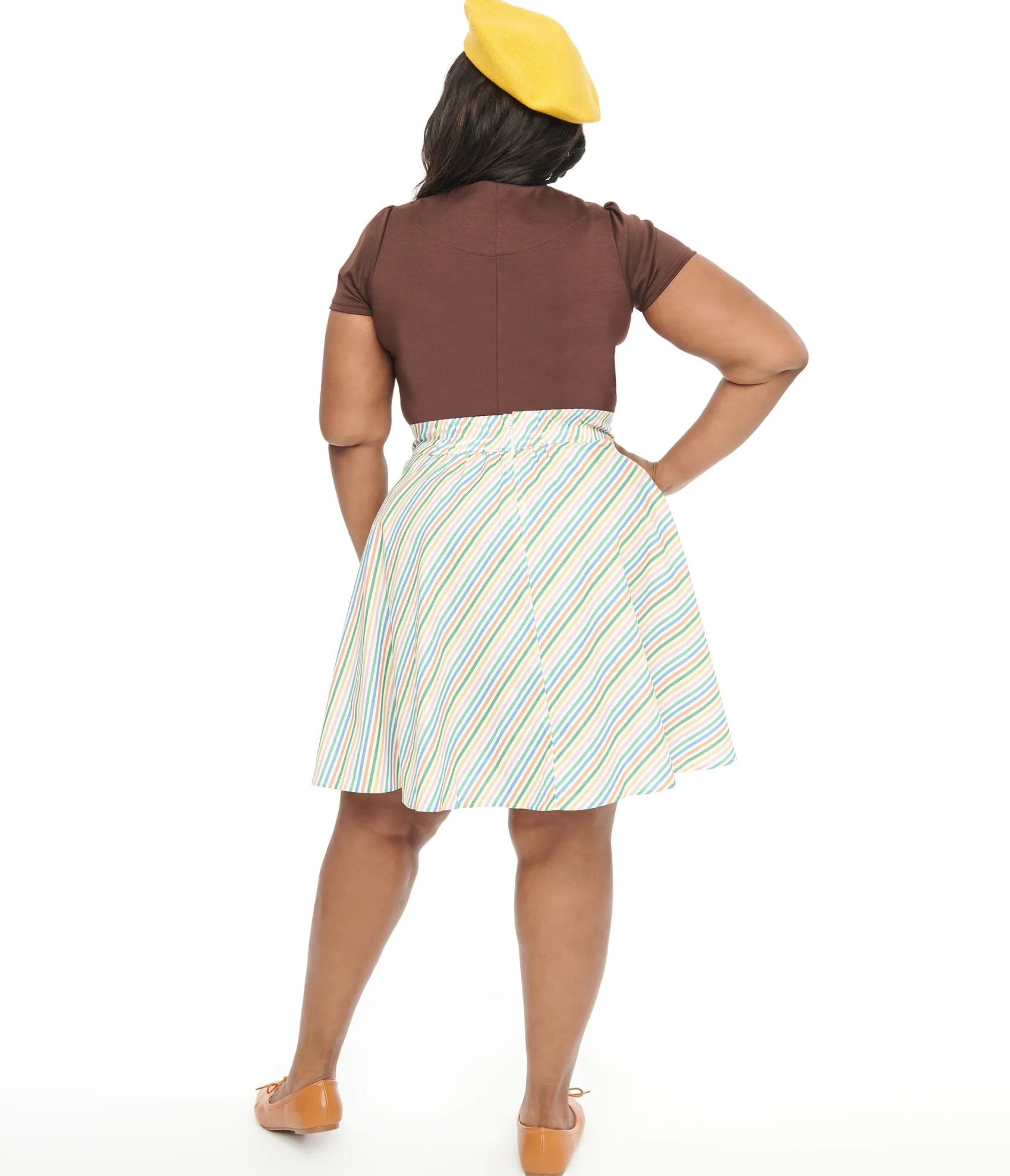 Unique Vintage Retrolicious Plus Size 1950s Rainbow Diagonal Stripe Skater Skirt Fashion