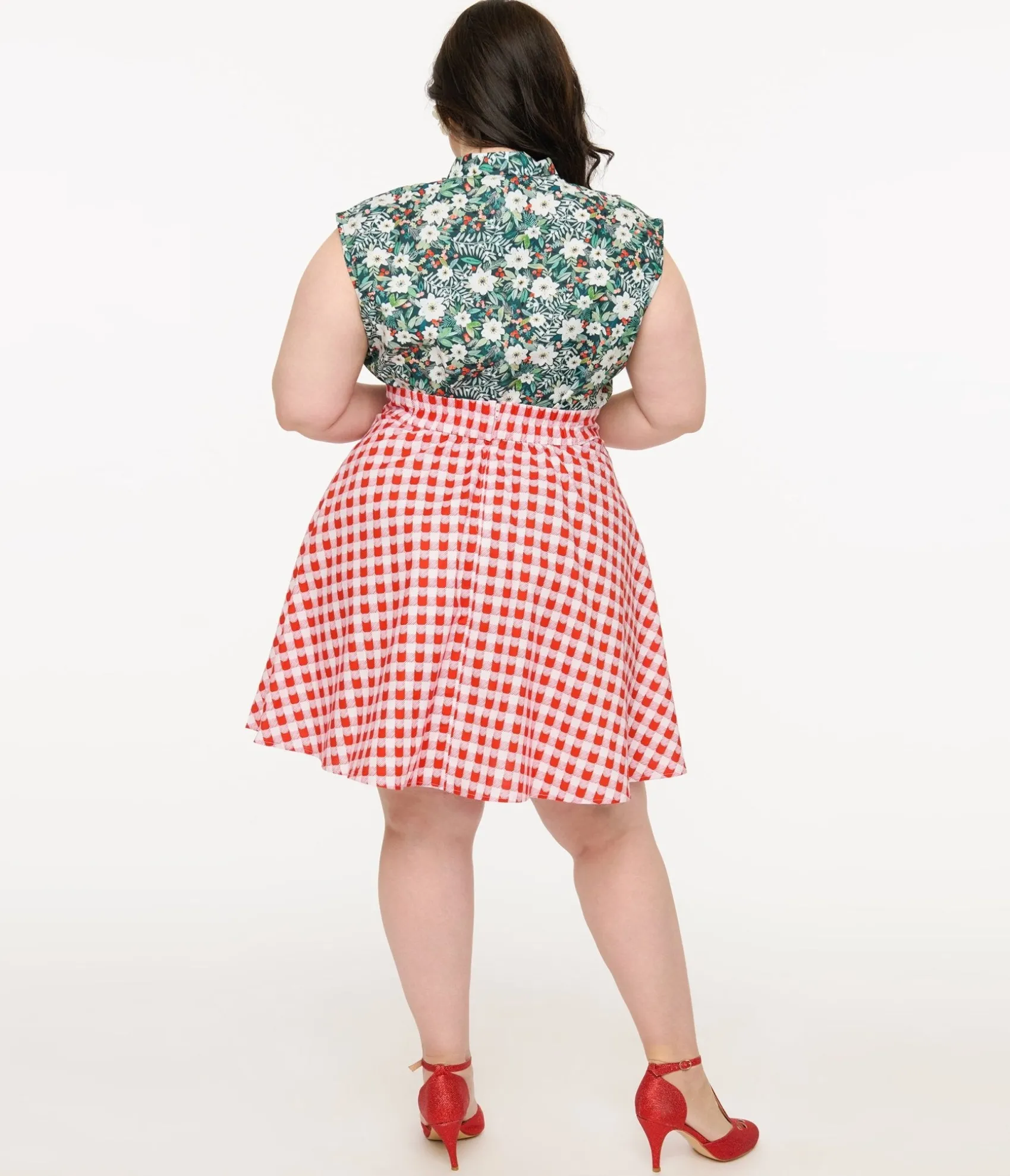 Unique Vintage Retrolicious Plus Size 1950s Red Check Skater Skirt Outlet