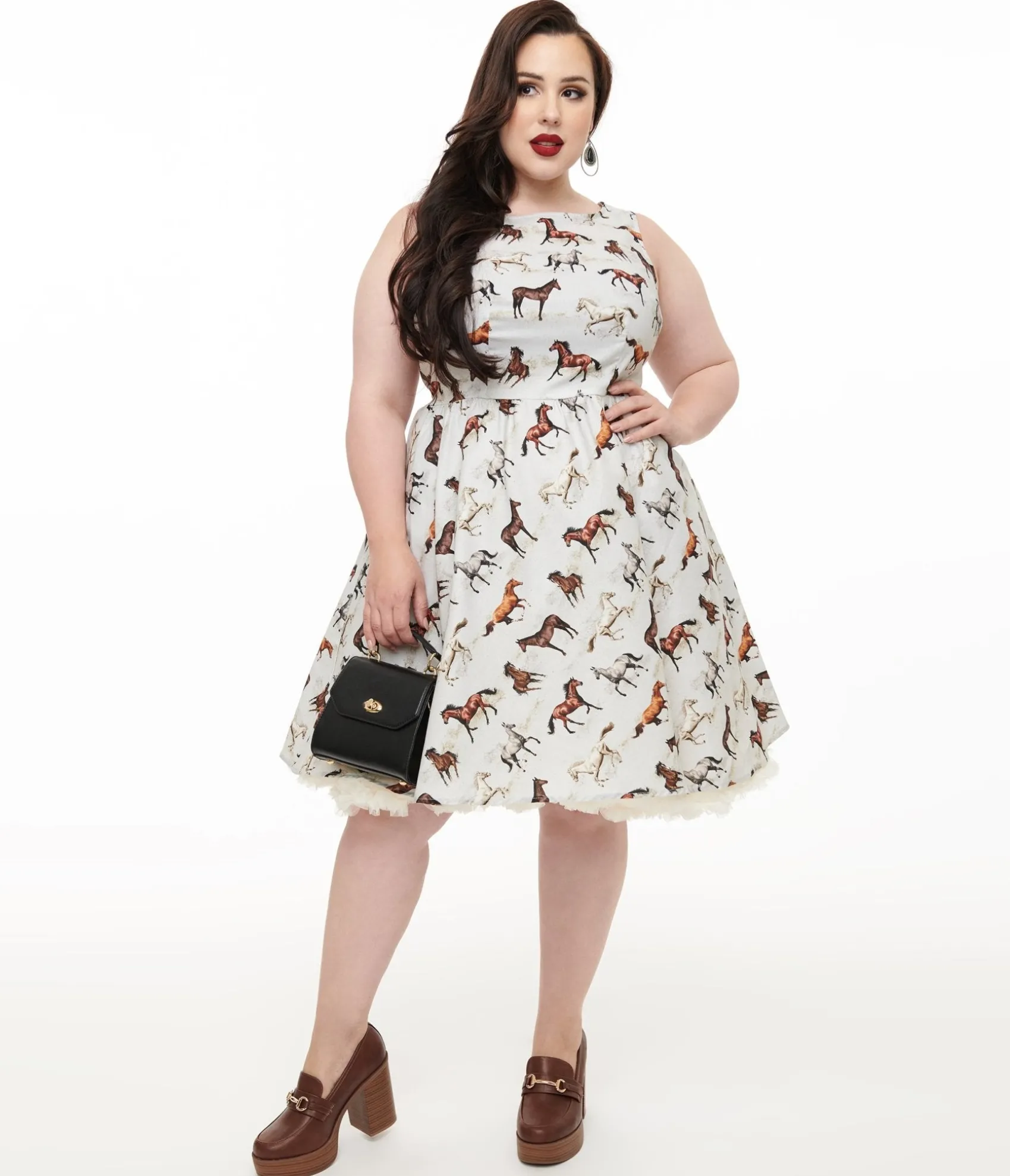 Unique Vintage Retrolicious Plus Size 1950s White & Brown Horse Print Cotton Swing Dress Best Sale