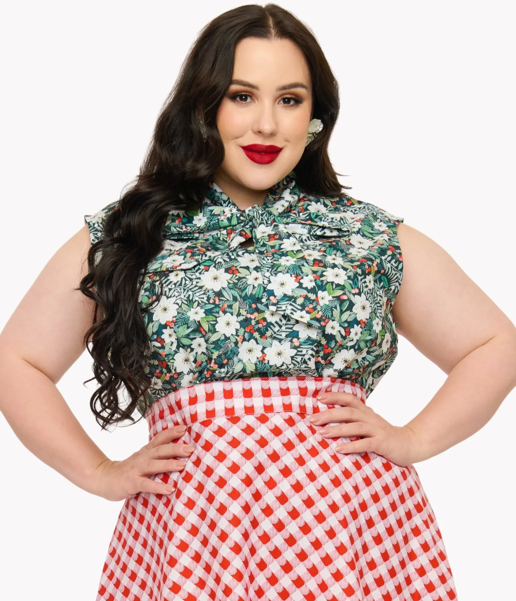 Unique Vintage Retrolicious Plus Size 1950s Winter Floral Cotton Bow Top Cheap