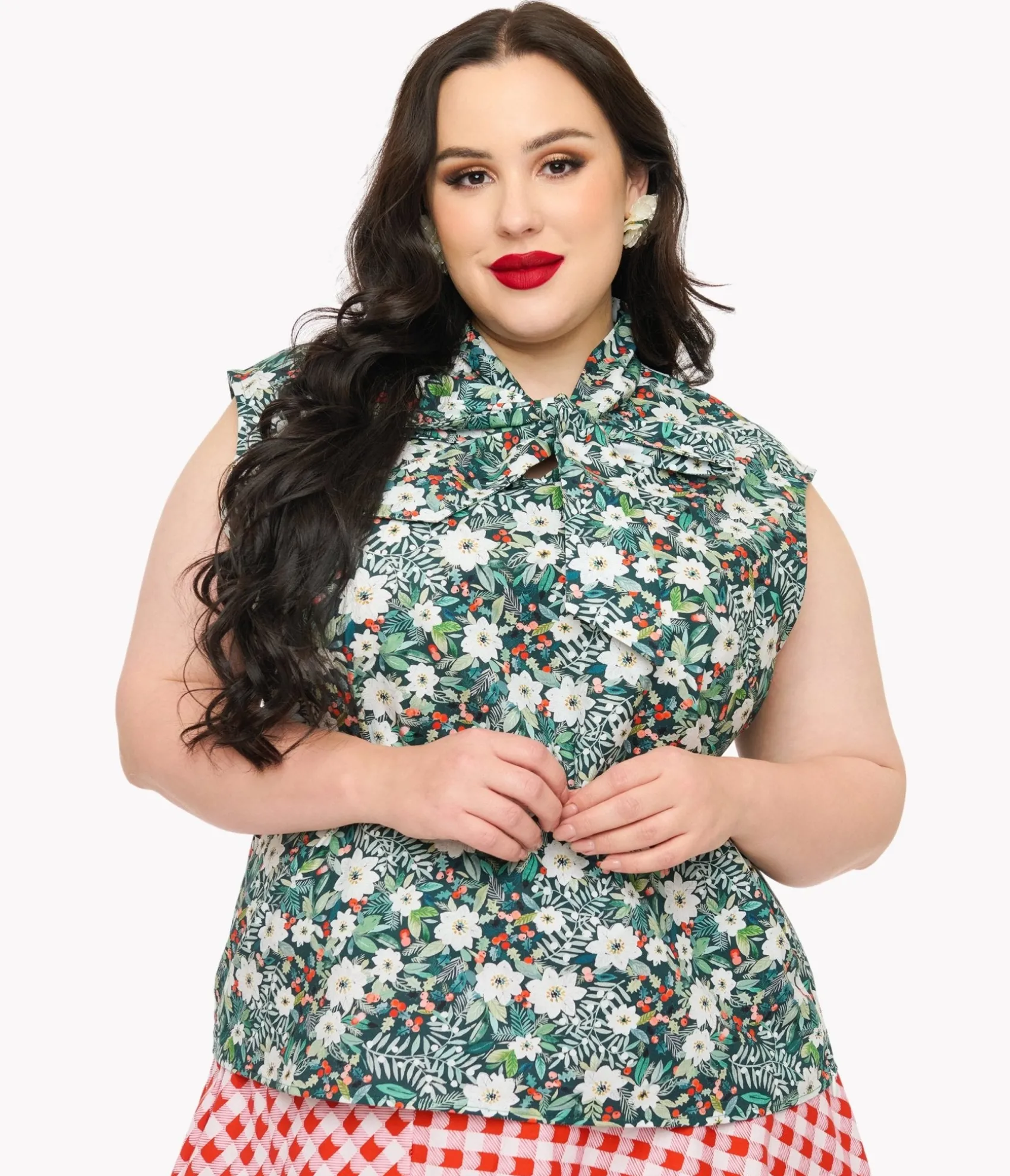 Unique Vintage Retrolicious Plus Size 1950s Winter Floral Cotton Bow Top Cheap