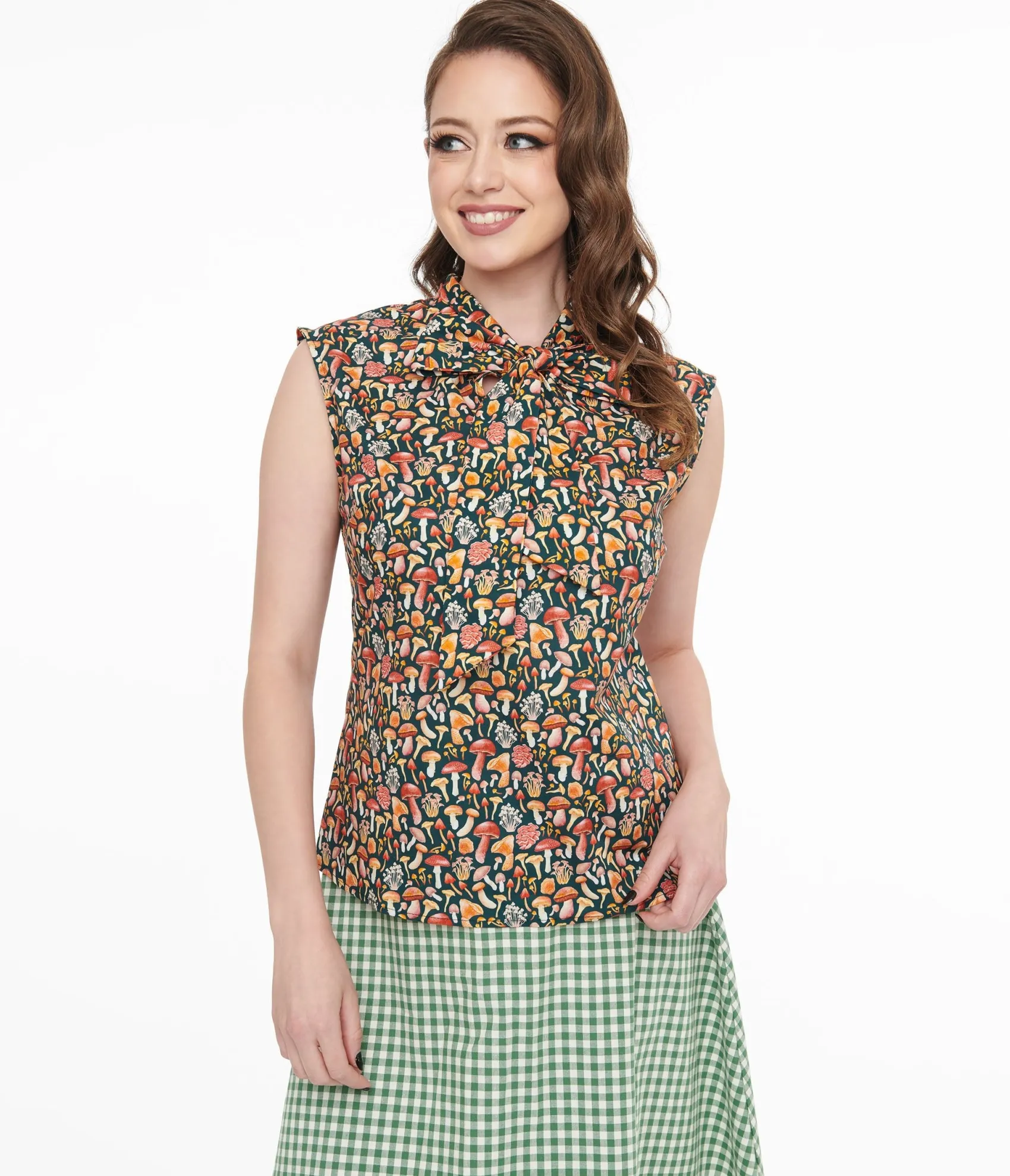 Unique Vintage Retrolicious 1950s Forest Green Mushroom Print Cotton Bow Top Shop