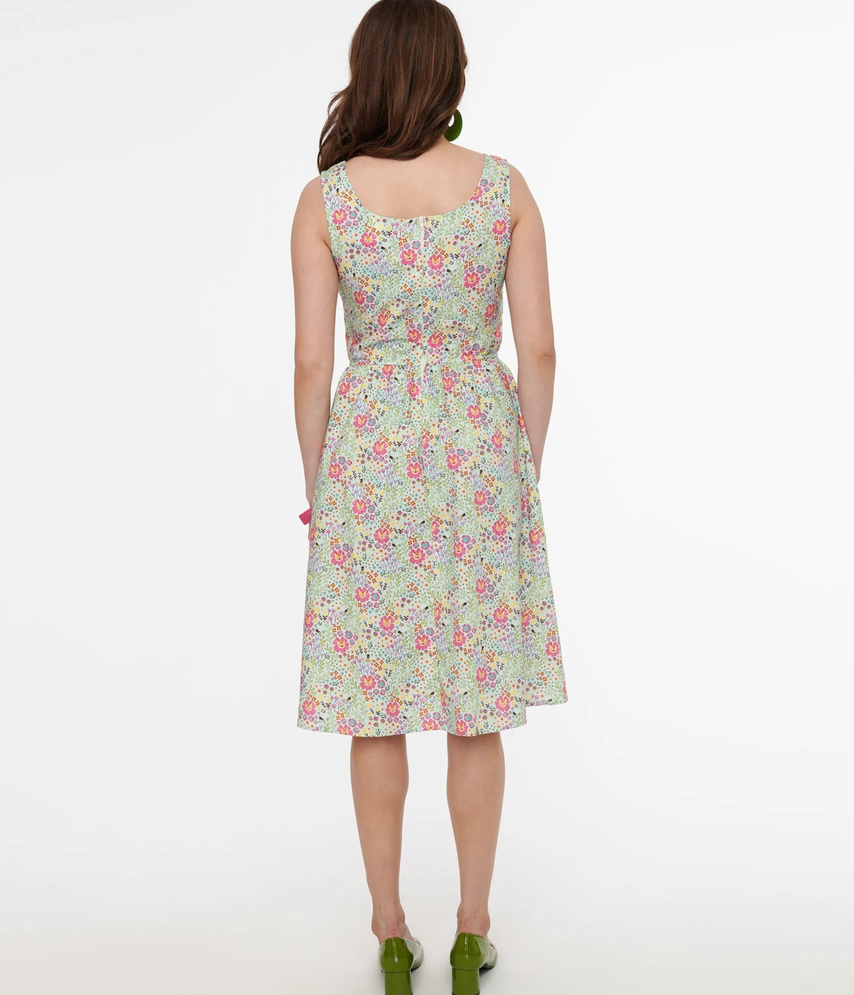 Unique Vintage Retrolicious 1950s Green Floral Cat Print Fit & Flare Dress Shop
