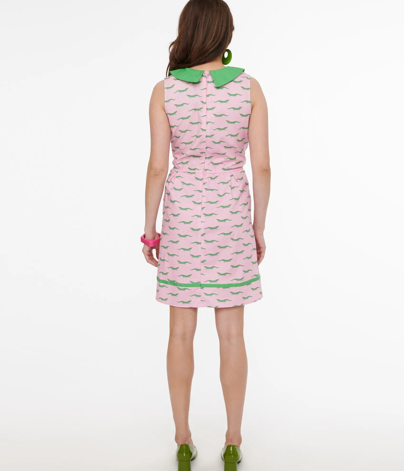 Unique Vintage Retrolicious 1960s Pink & Green Alligator Fit & Flare Collared Dress Shop